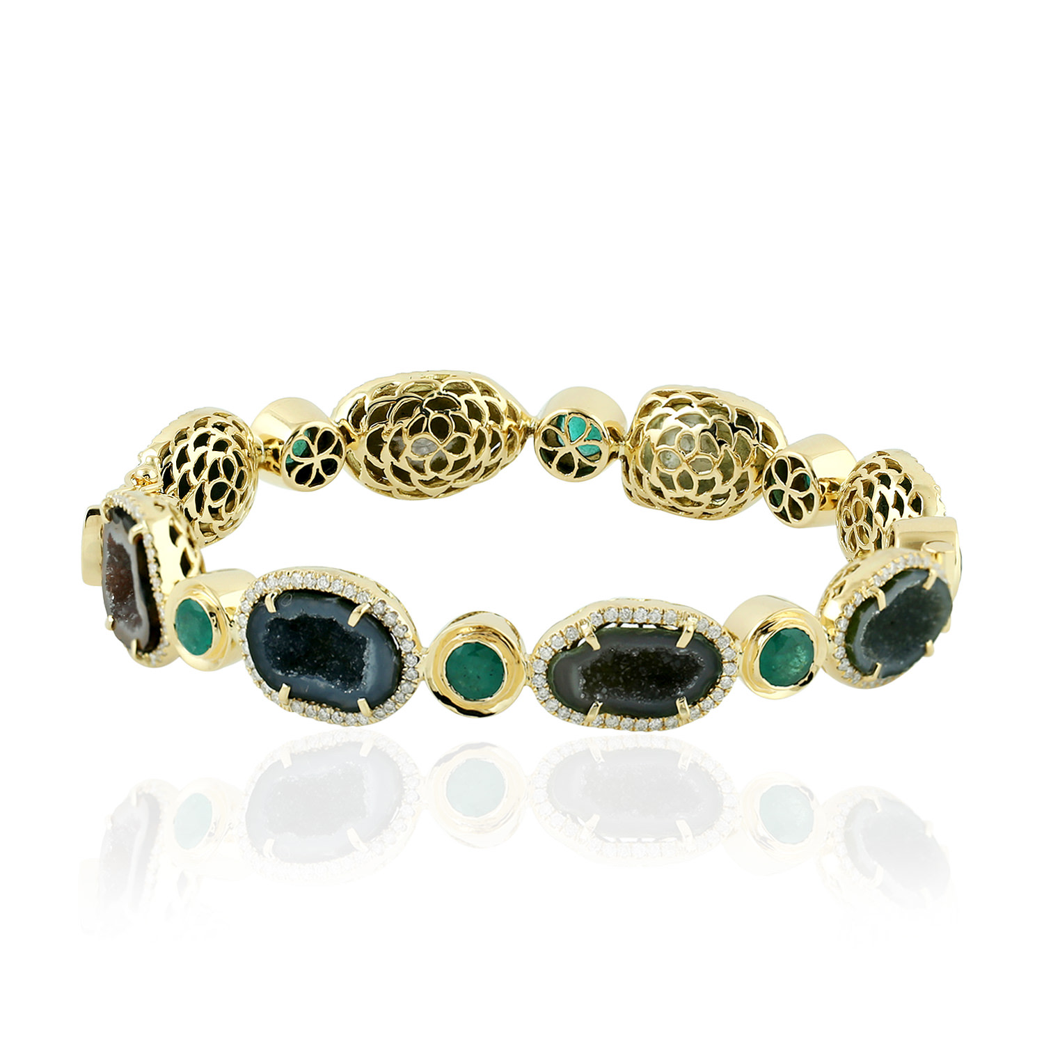 Women’s Black / Gold / Green 18K Yellow Gold Emerald Pave Diamond Geode Bangle Handmade Jewelry Artisan