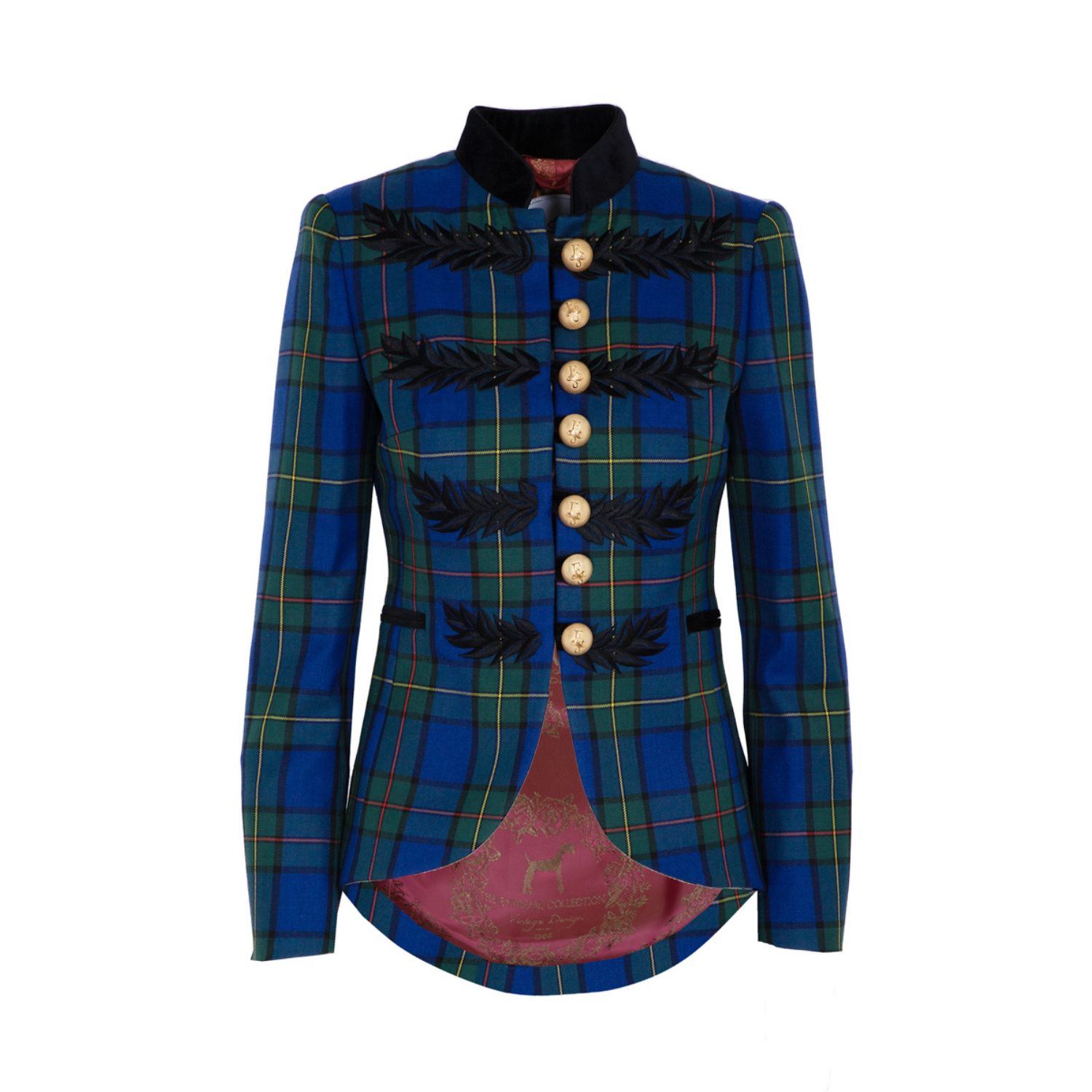 Women’s Blue Embroidered Plaid Single Breasted Blazer With Crew Neck Renata Love Tartan Large The Extreme Collection