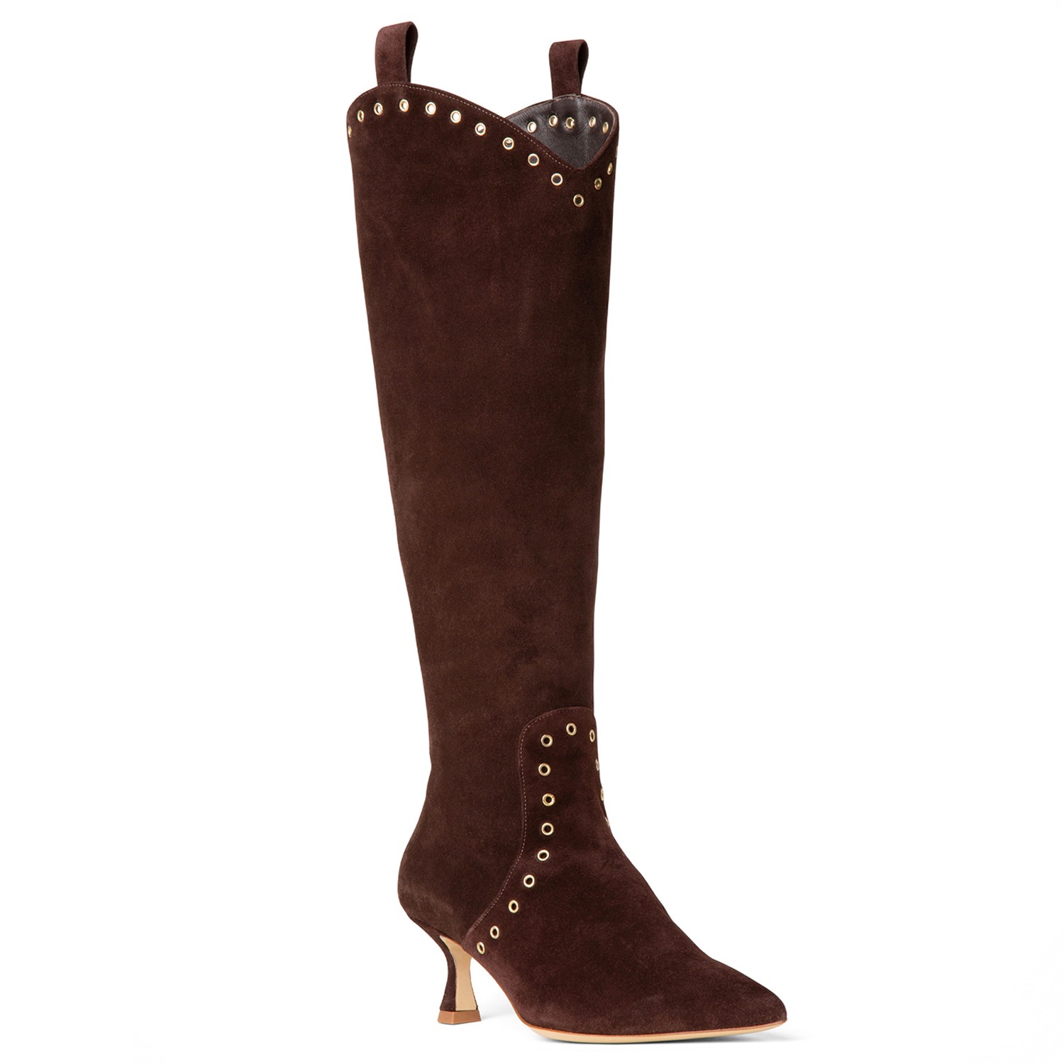 Beautiisoles By Robyn Shreiber Made In Italy Women's Vanesa Brown Suede Tall Low Heel Boot Comfortable With Studs For Dressy Work & Evening In Brown