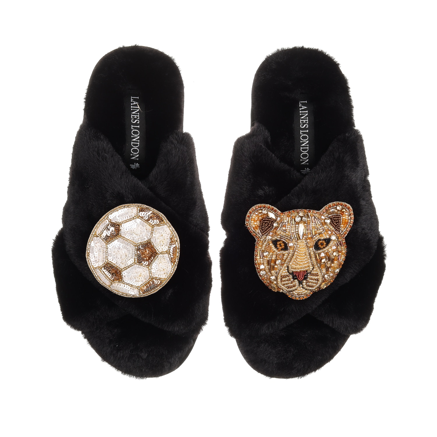 Laines London Women's Classic Laines Slippers With Football & Lioness Brooches - Black