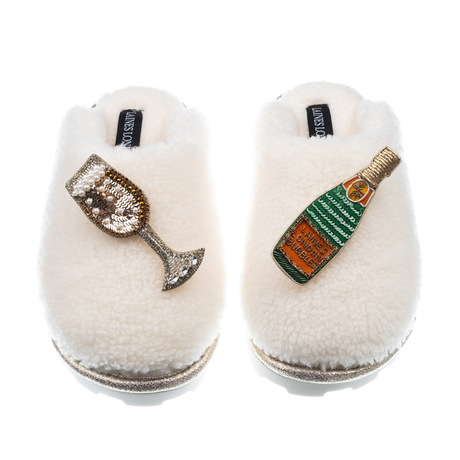Laines London Women's White Teddy Closed Toe Slippers With Laines Champers Brooches - Cream In White