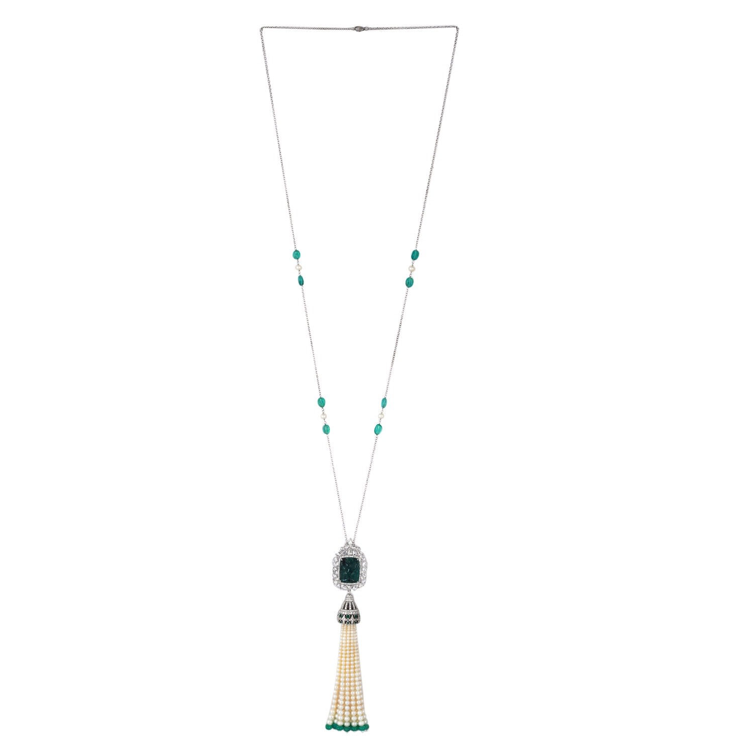 Women’s White / Green Emerald Gemstone Tassel Lariat Necklace Pendant White Gold Jewelry Artisan