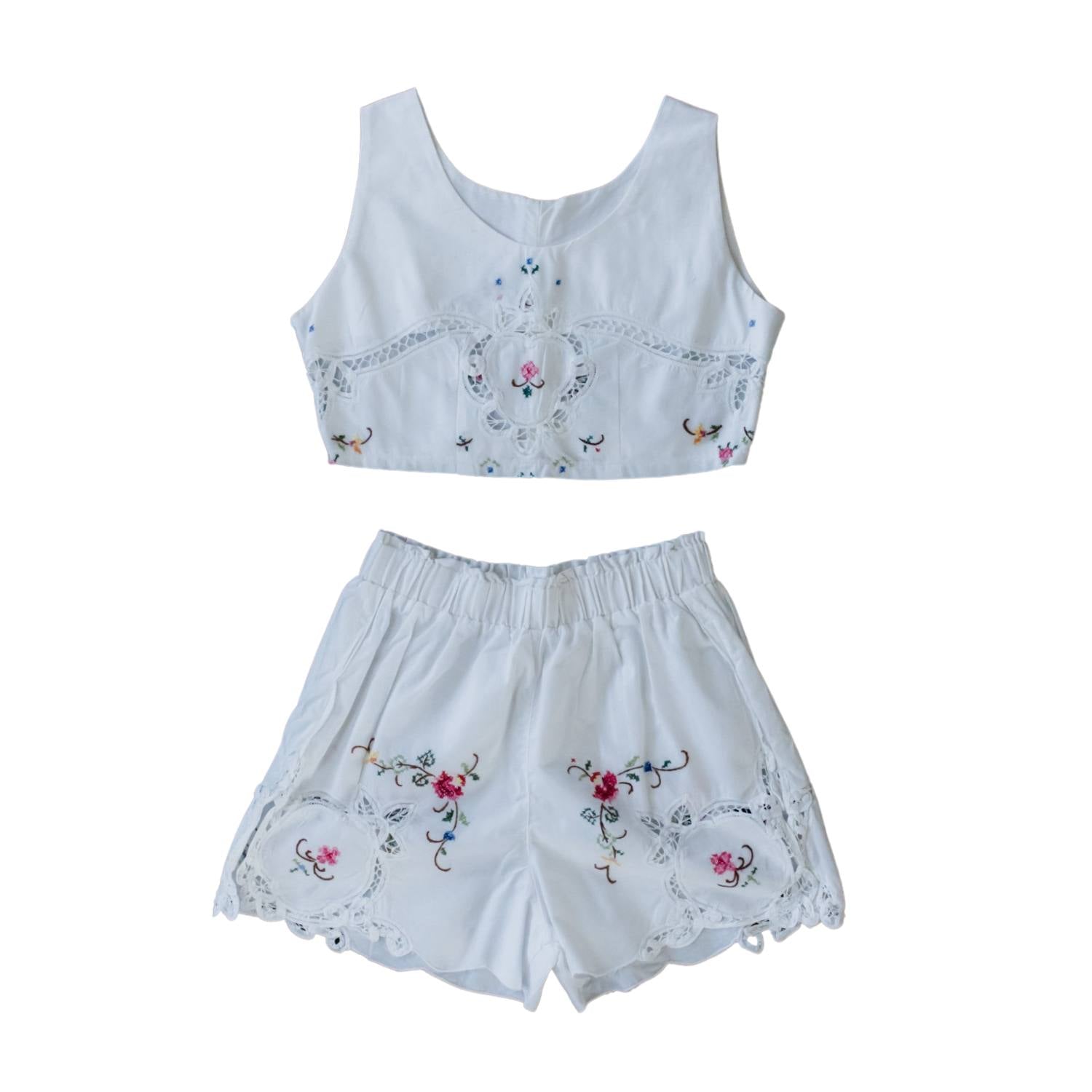 White Floral Embroidered/ Lace Summer Crop Top & Shorts Set Medium Sugar Cream Vintage