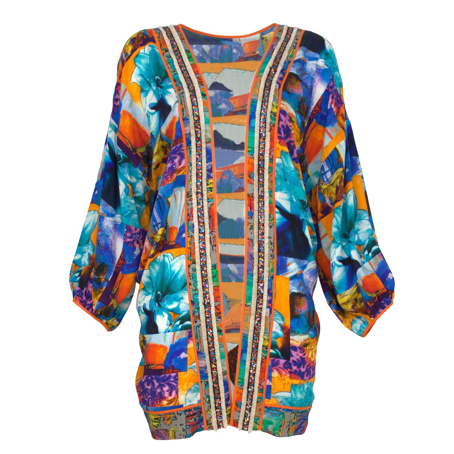 Lalipop Design Women's Colorful Flower Print Midi Kimono With Embroidery Borders