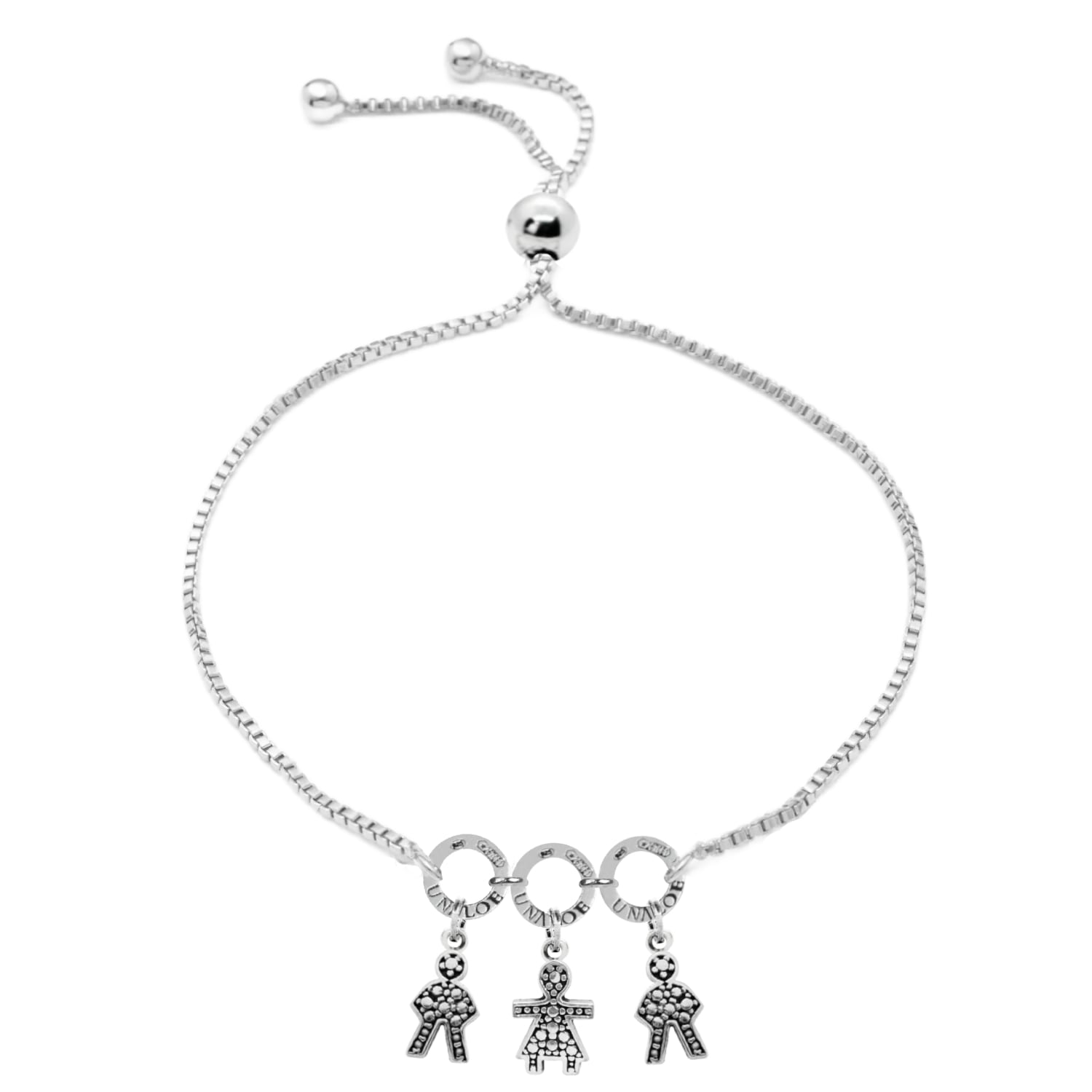Unaloe Women's Ajustable Sterling Silver Mom Bracelet With Three Charms Two Girls And One Boy Perfect Gift 