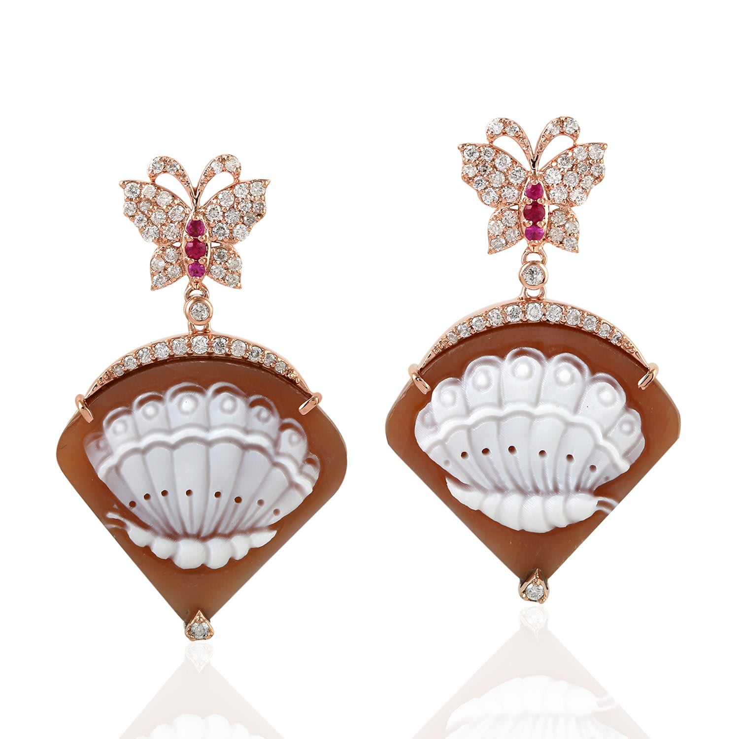 Artisan Women's Red / Rose Gold Rose Gold Butterfly Earrings With Shell Cameos, Rubies & Pavé Diamonds In Multi