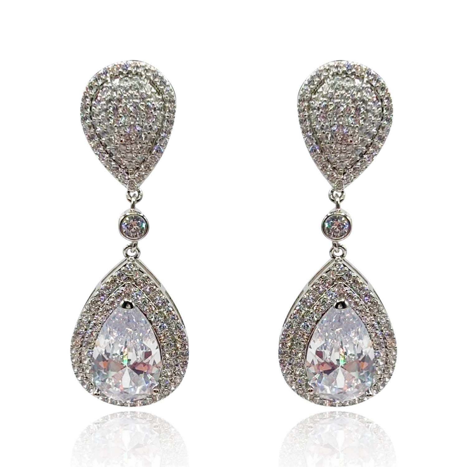 Michael Nash Jewelry Women's Grey / White / Silver Cubic Zirconium Pear Shape Drop Clip On Earrings