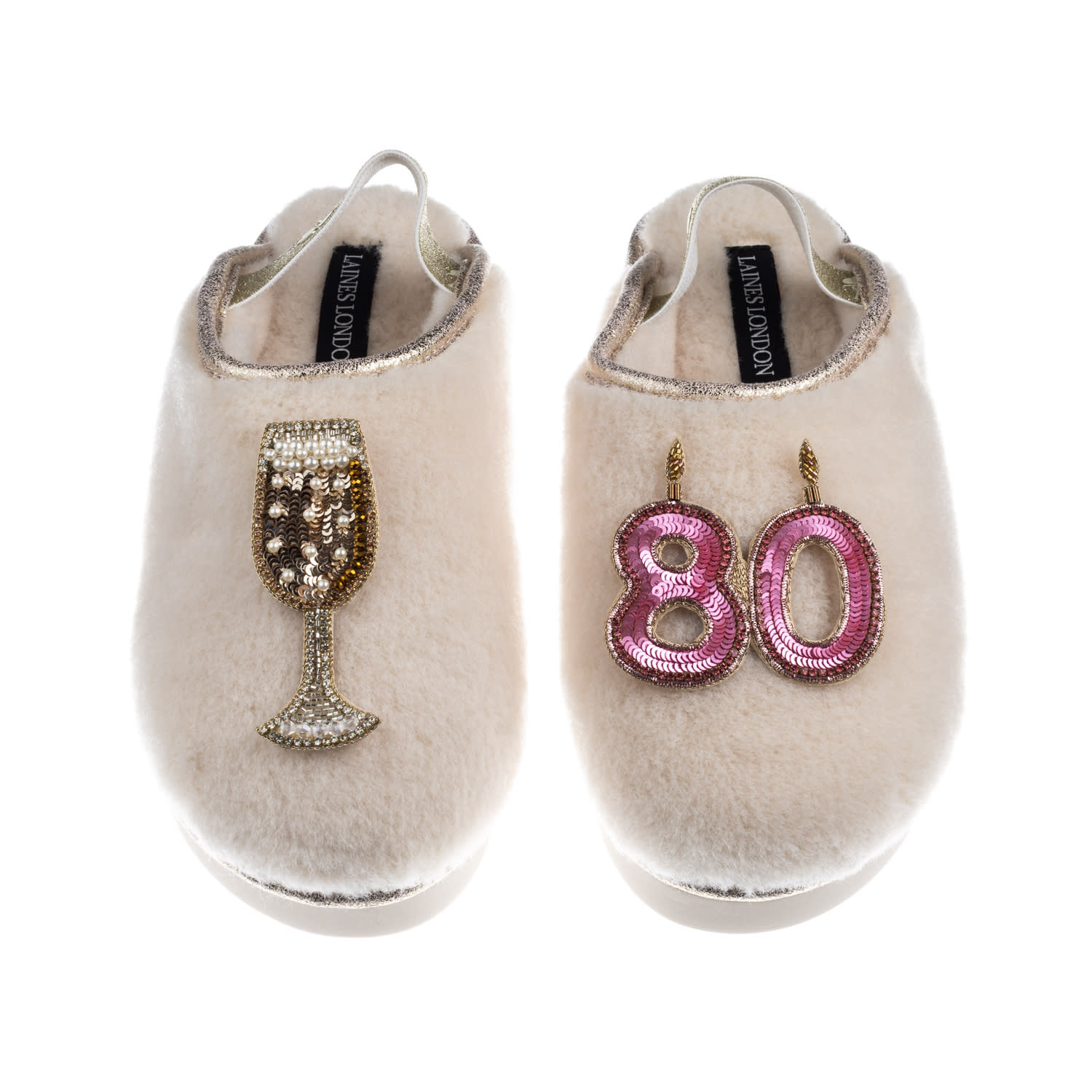 Laines London Women's Gold / Neutrals / White Flatform Cloud Slippers With 80th Birthday & Champagne Glass Brooche In Neutral