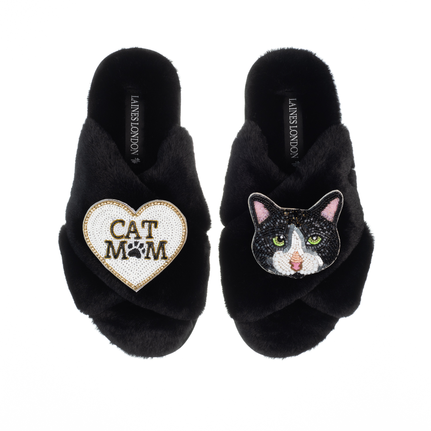 Classic Laines Slippers With Cat Mum Mom Oreo Cat Brooches Black LAINES LONDON Wolf Badger