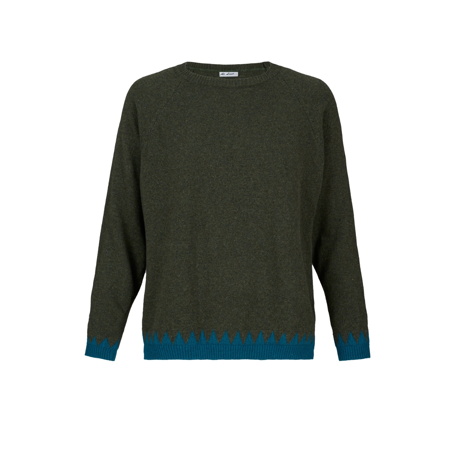 Women’s Green Cashmere Mix Sweater In Olive With Blue Zig Zag Hem & Cuffs One Size At Last...