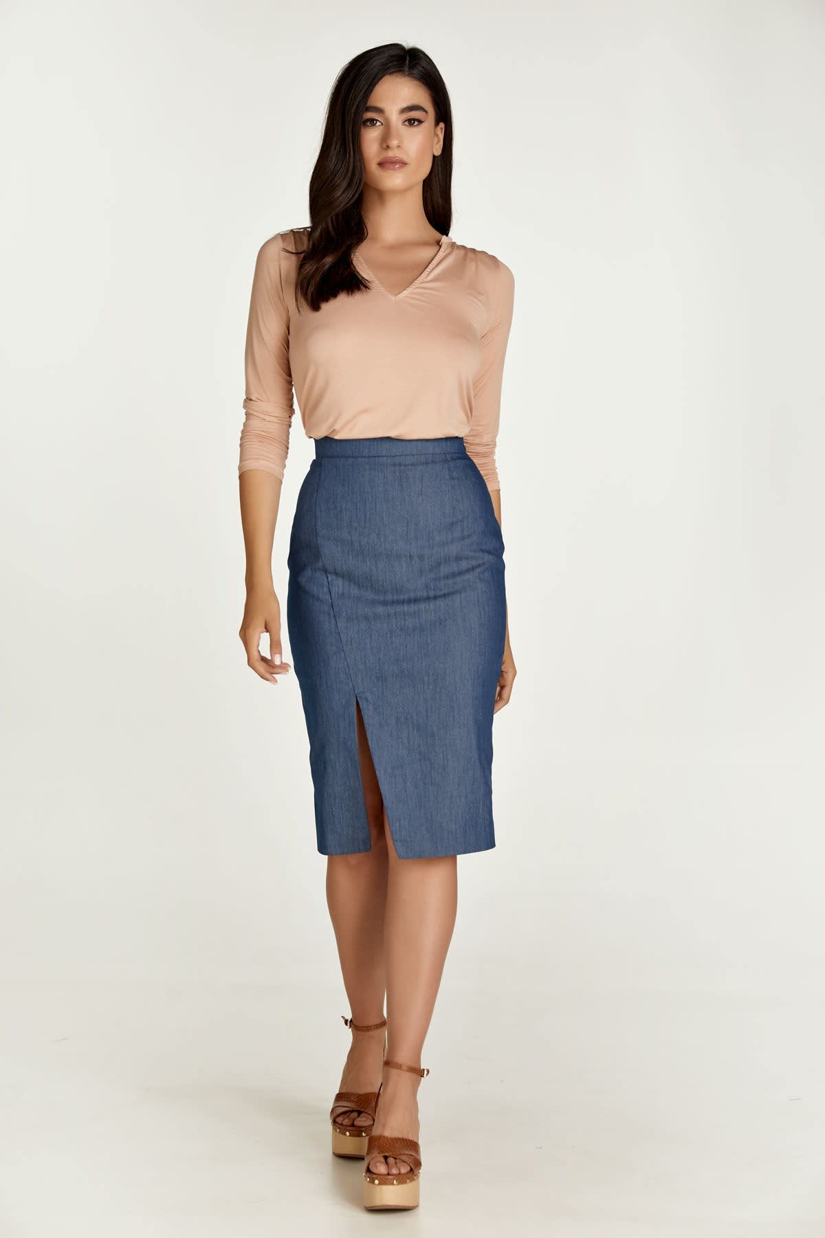 Blue Denim Style Pencil Skirt | Conquista | Wolf & Badger