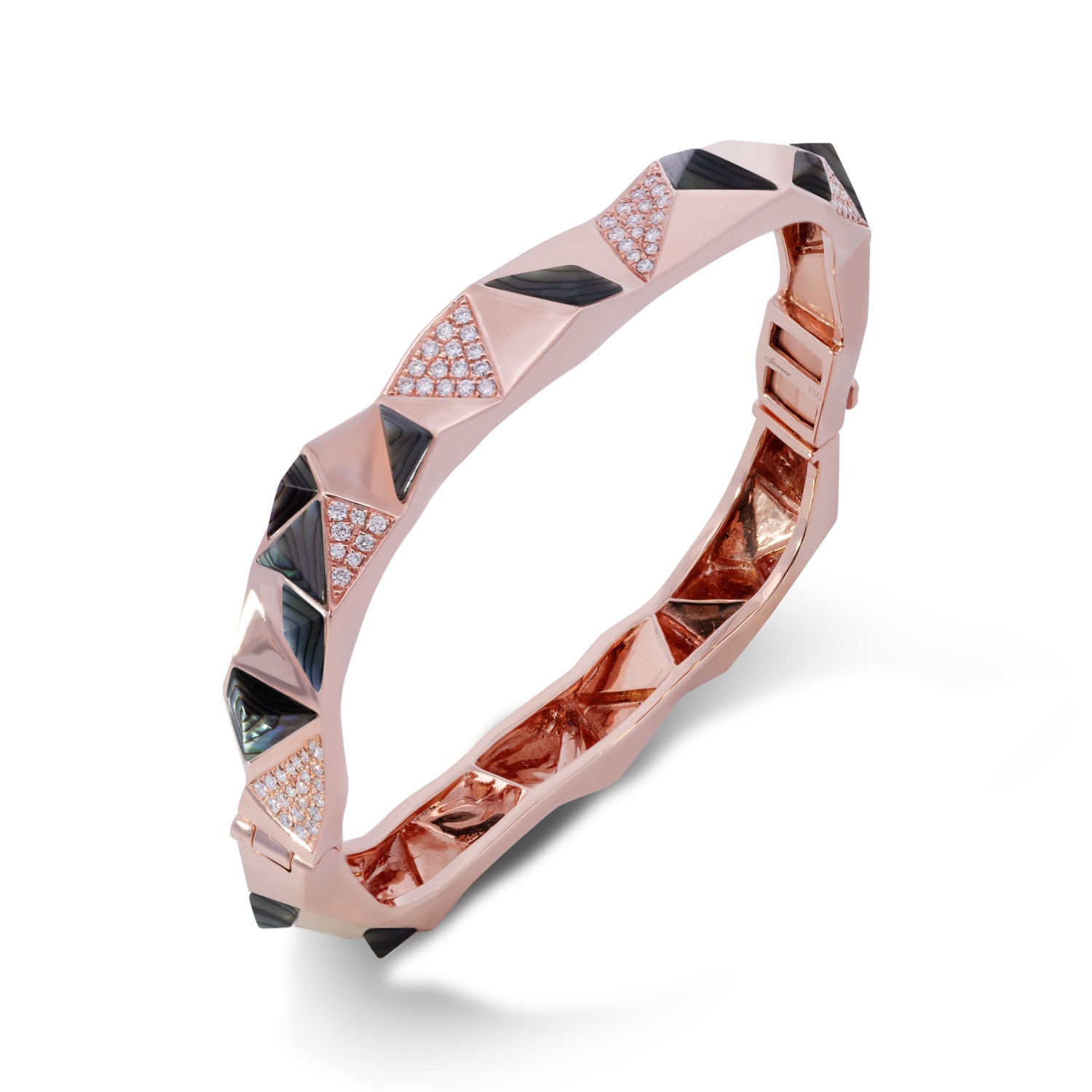 Women’s Green / Rose Gold Edgy Bangle In Solid Rose Gold, Diamonds, And Abalone Shell Simone Jewels