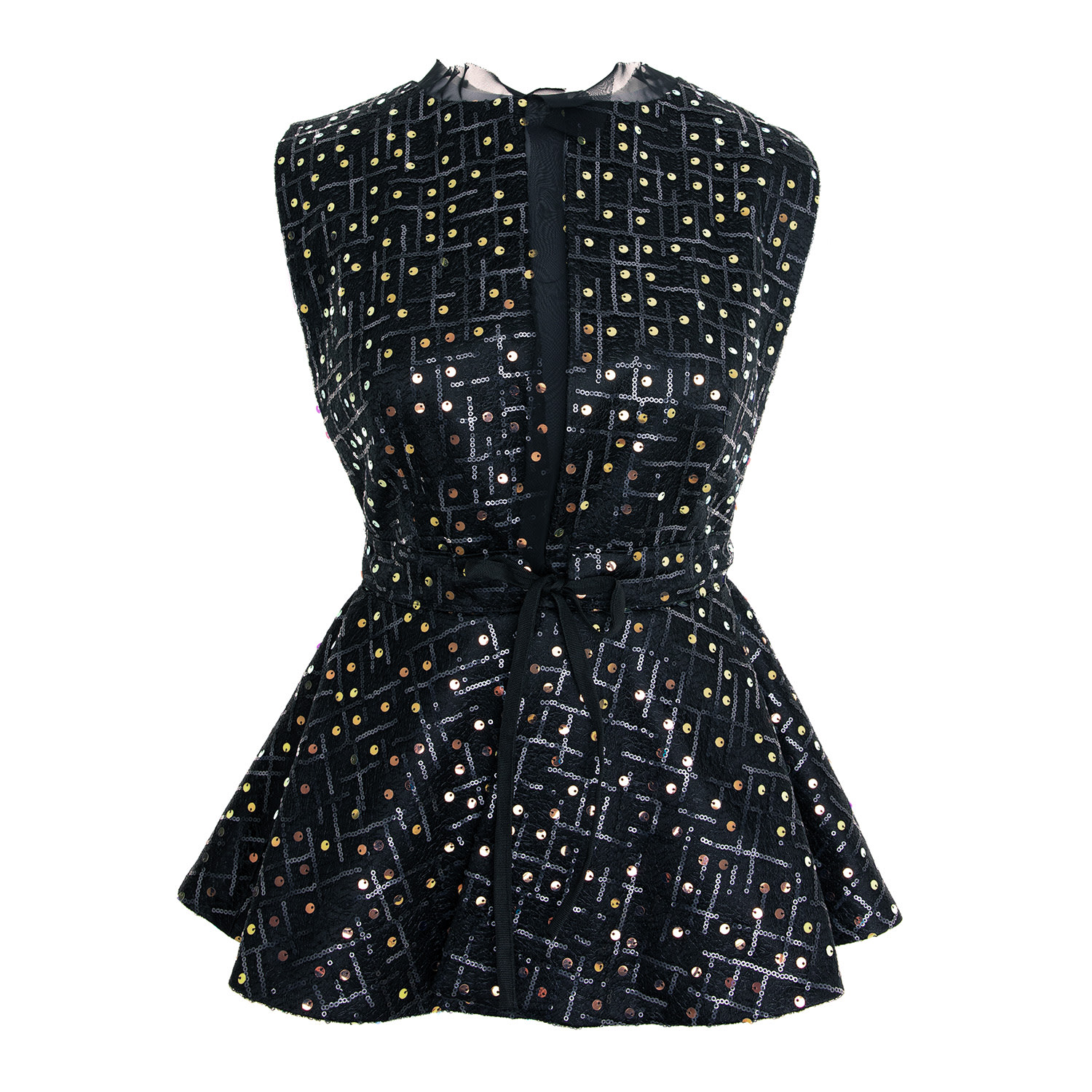 Concept A Trois Women's Short Vest With Sequins And Cord At The Waist - Black In Black