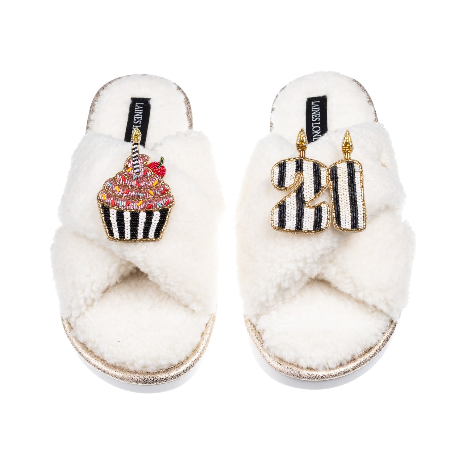 Laines London Women's Neutrals / White Laines Neutral Boucle Slippers With Stripe 21st Birthday & Cake Brooches - 