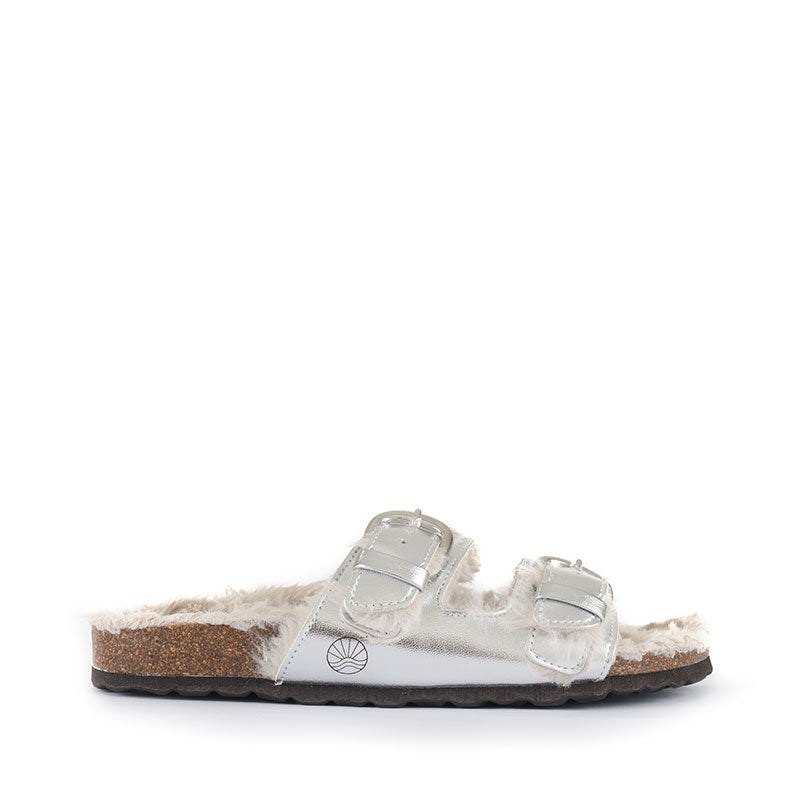 Bedroom Athletics Women's Calin - Vegan Metallic Strap Sandal Slider - Metallic Silver In Silver