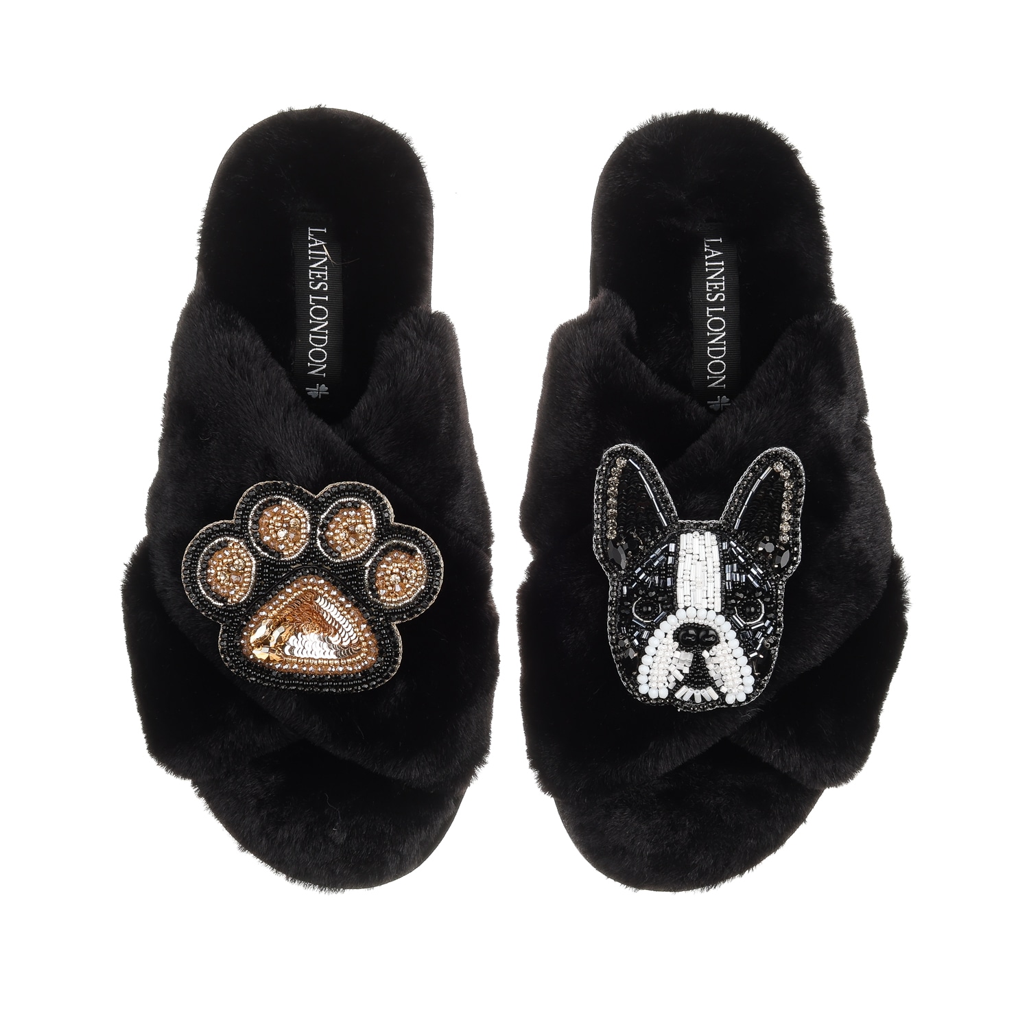 Laines London Women's Classic Laines Slippers With Buddy Boston Terrier & Paw Brooches - Black In Black