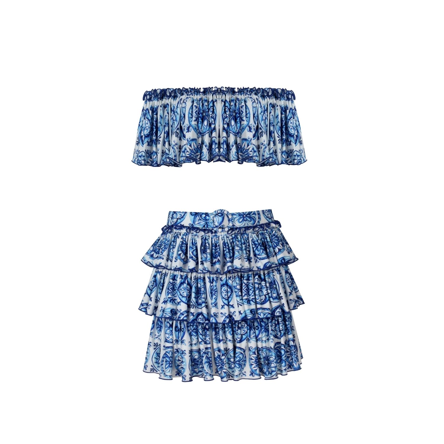 Nur Karaata Blue Helianthus Bleu Blanc Top & Skirt Set In Blue