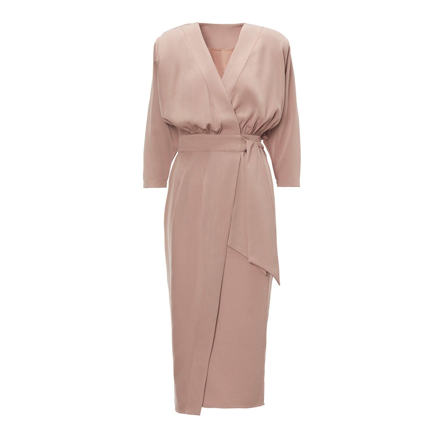 Bluzat Women's Neutrals Beige Midi Dress With Draping Detailing And Waist Belt In Beige