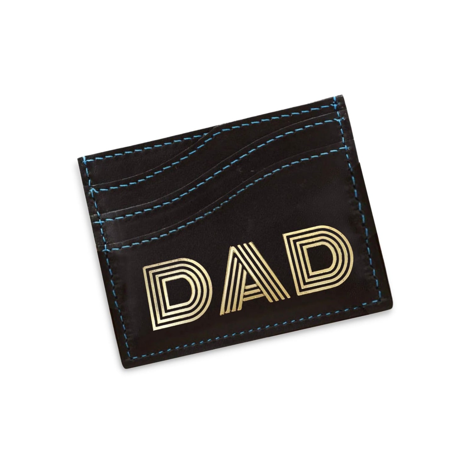 Vida Vida Men's Black Leather Wave Card Holder With Contrast Blue Stitch - For Dads