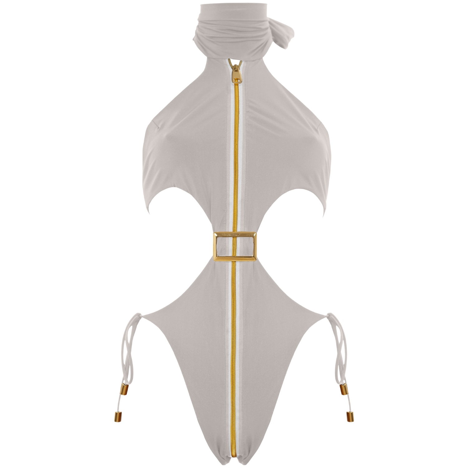 Antoninias Women's Neutrals Cynosure Cut-out One-piece Swimsuit With Gold Accents And Front Zip In Beige In Beige/yellow