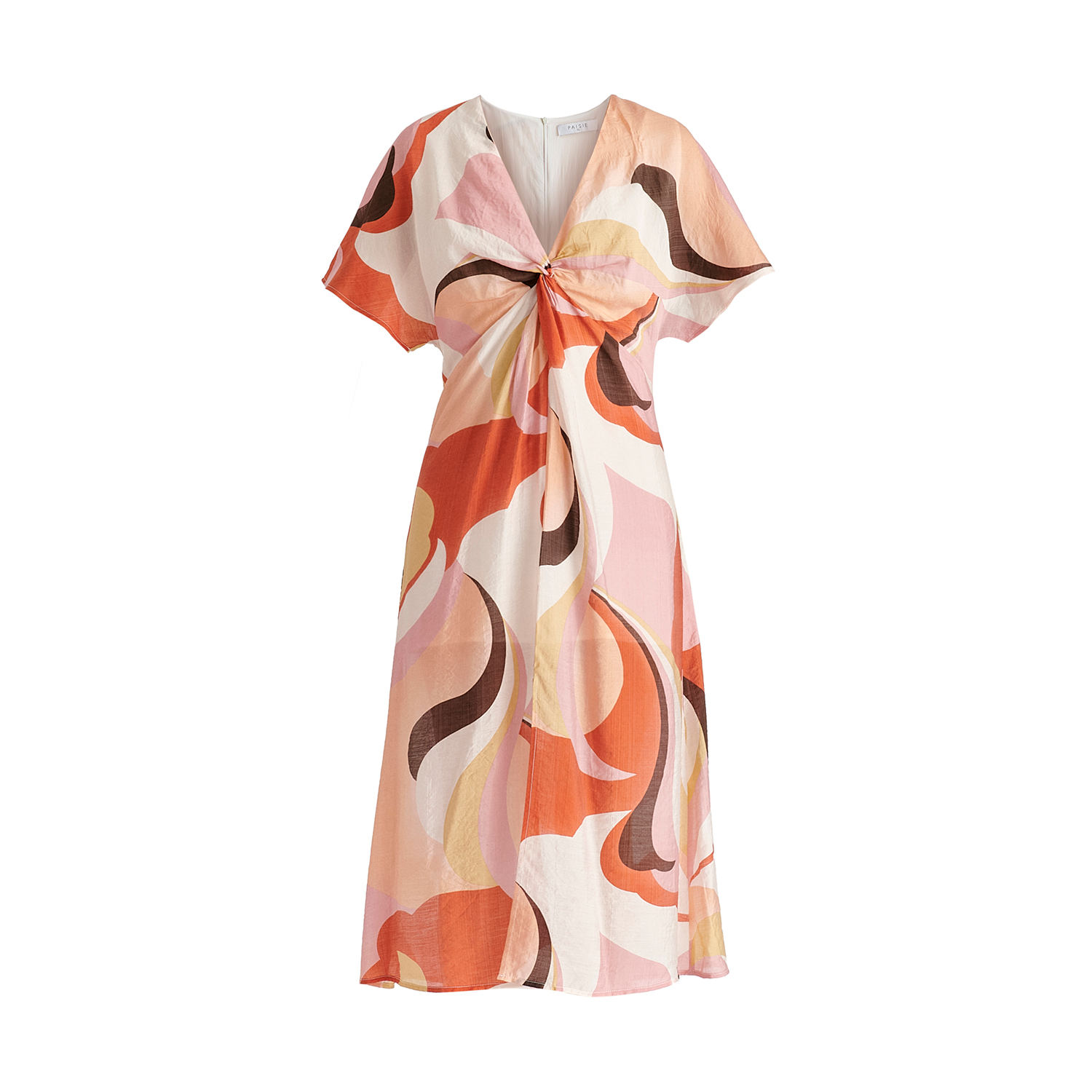 Paisie Women's Retro Wave Midi Dress With Twist Detail In Red, Pink, Peach, Brown And White