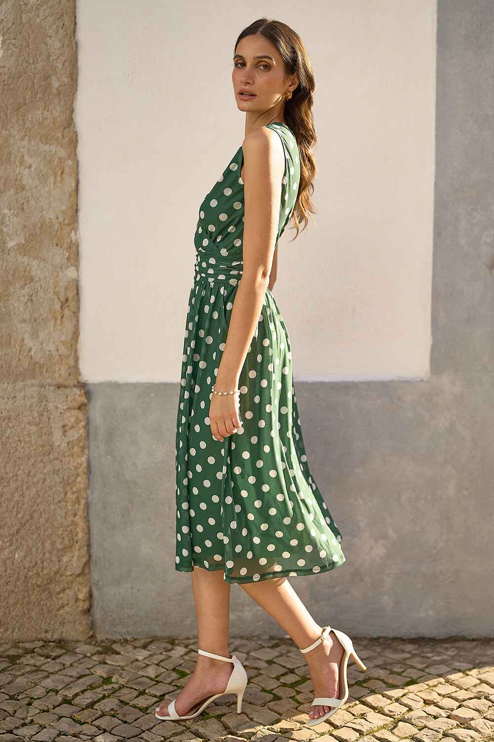 green and white polka dot wrap dress Yumi Green Polka Dot Mesh Wrap Skater Dress With Pockets | Yumi