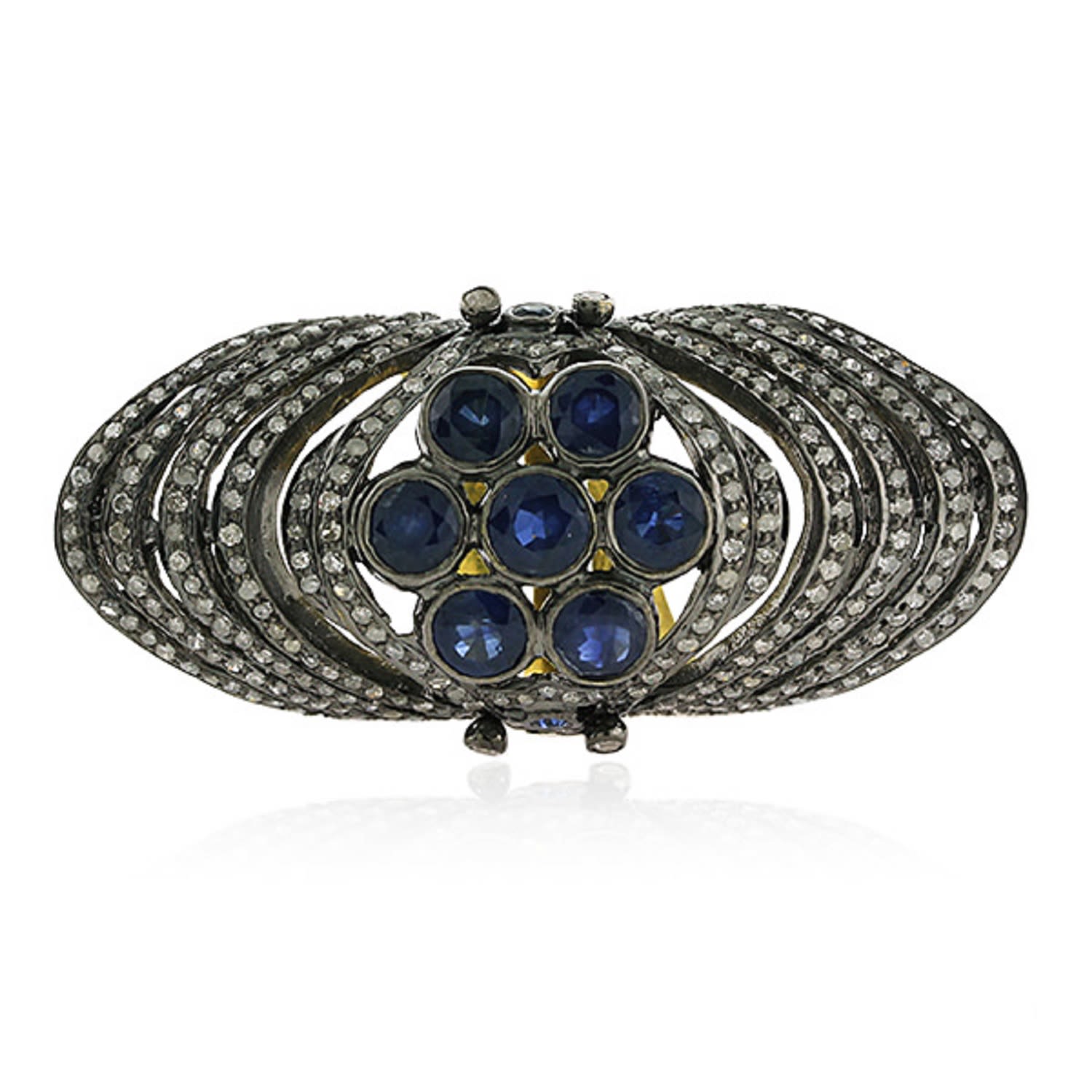 Women’s Gold / Black Bezel Set Blue Sapphire Gemstone & Pave Diamond In 18K Gold With 925 Silver Knuckle Ring Artisan