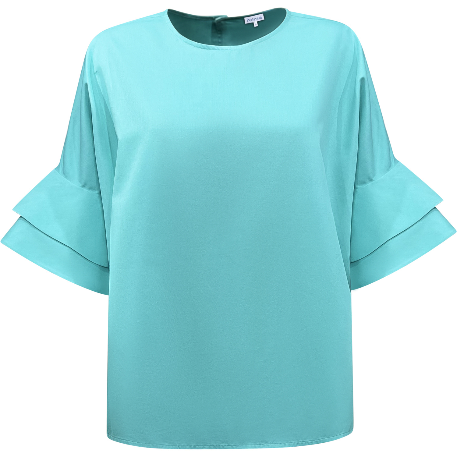 Perlavera Women's Blue Cosy Solid Aqua Cotton Flare Sleeve Top In Blue