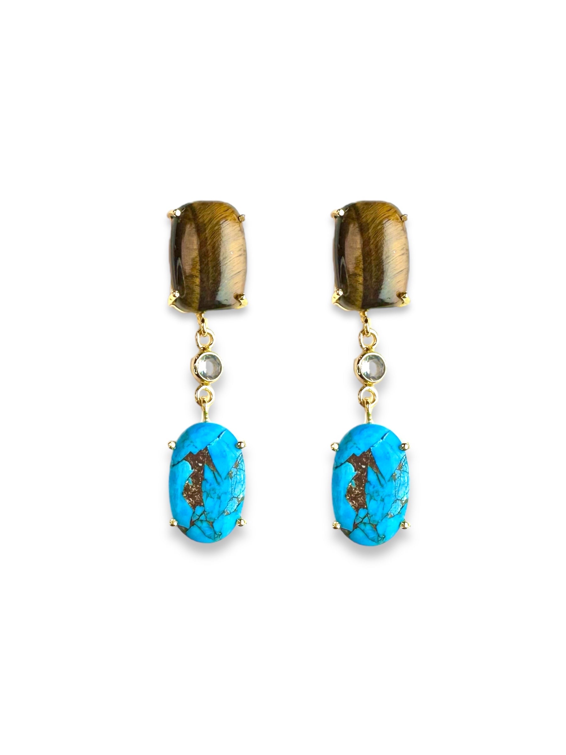 Women’s Blue / Brown Yara Gemstone Statement Earrings In Tiger’s Eye & Turquoise Amina Johan