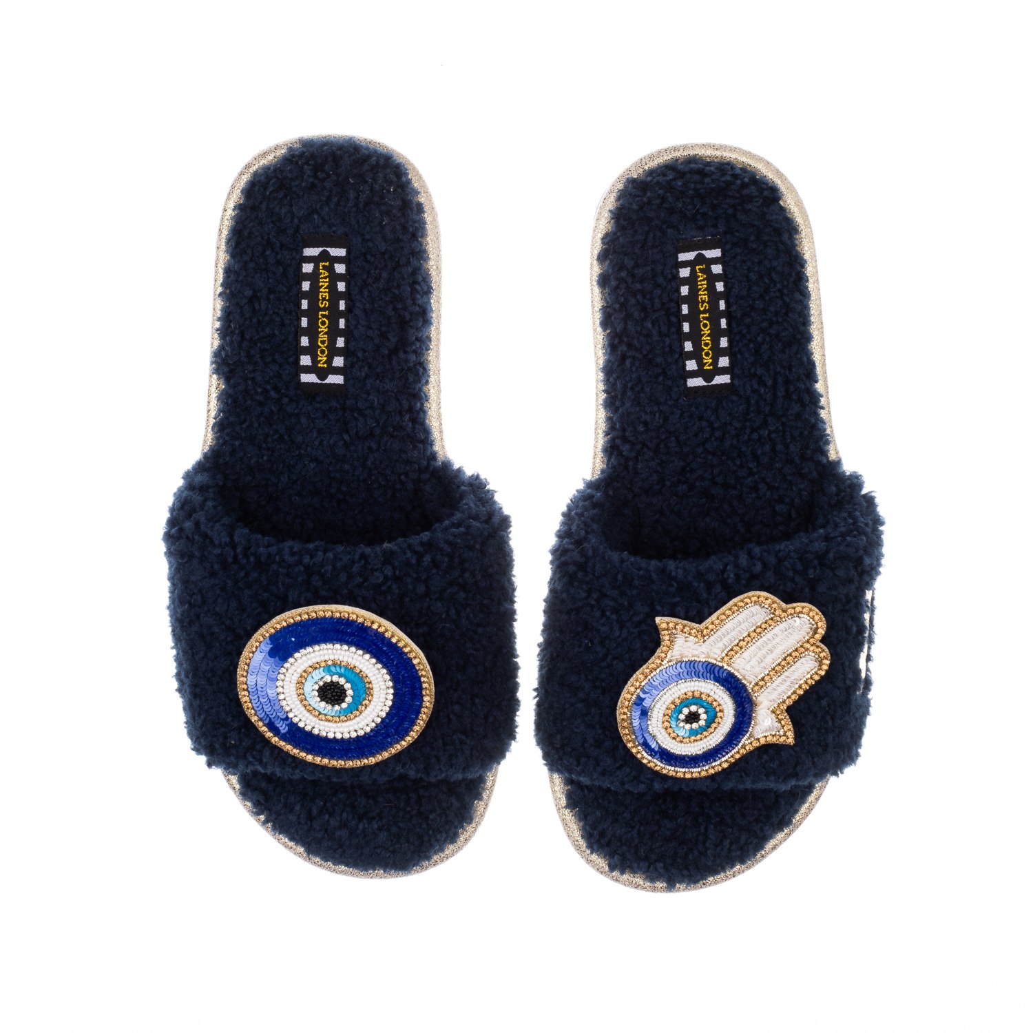 Laines London Women's Blue Teddy Towelling Slipper Sliders With Evil Eye & Hamsa Hand Brooches - Navy In Blue