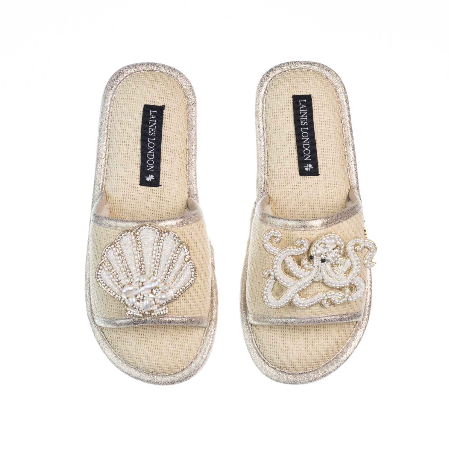 Laines London Women's White Straw Braided Sandals With Beaded Shell & Octopus Brooches - Cream