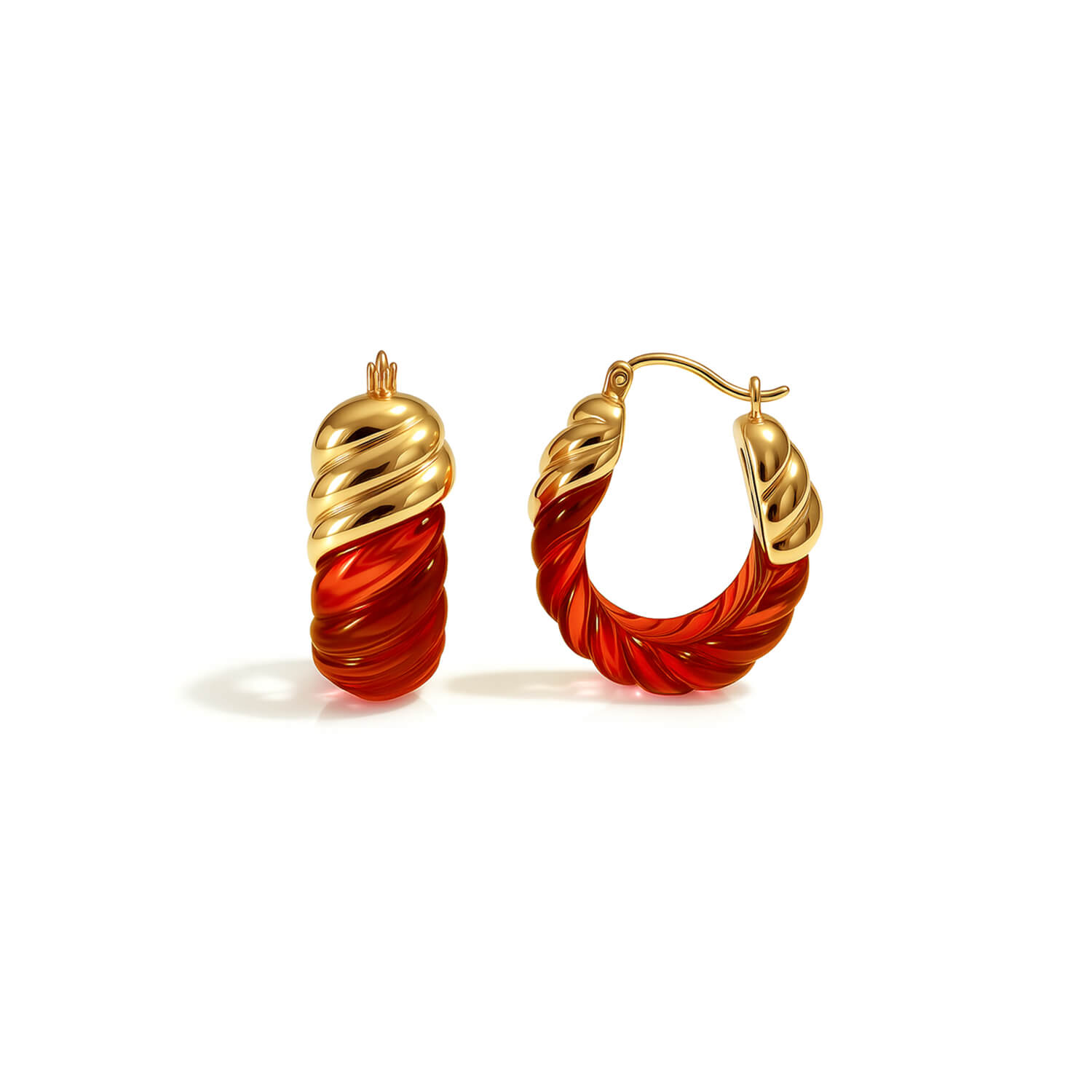 Gold & Honey Women's Gold / Red Ruby Rope Shrimp Lucite Birthstone Hoop Earrings