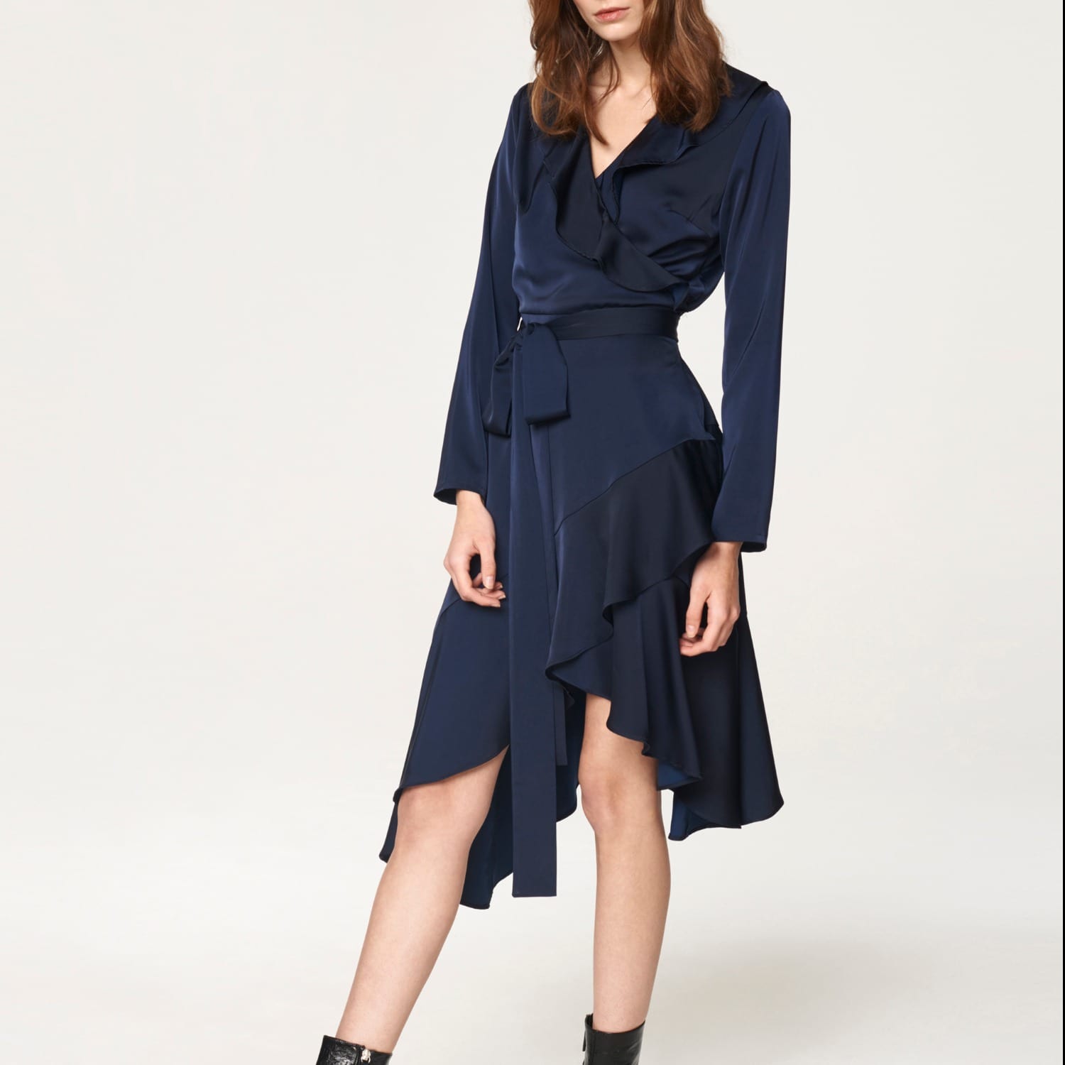 navy frill wrap dress