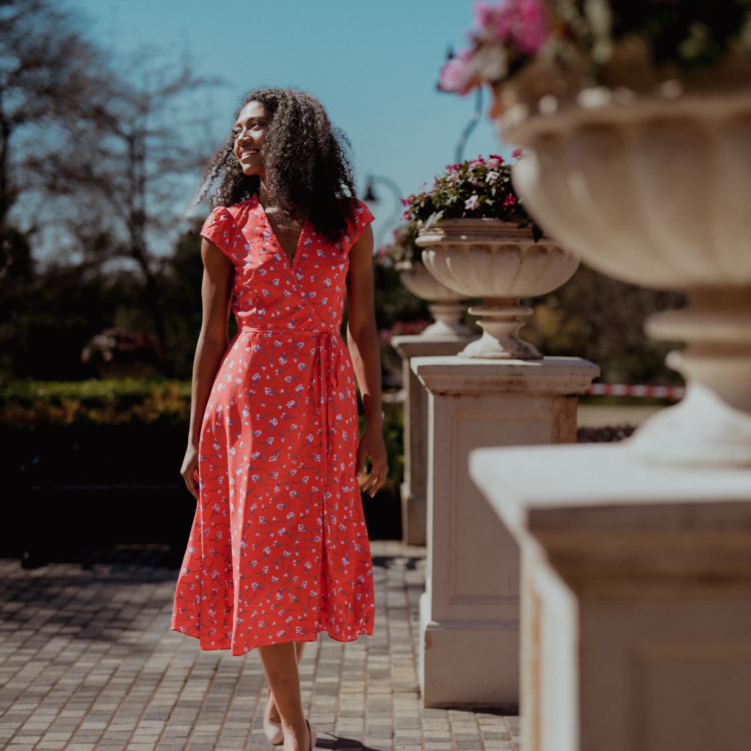 Hannah Midi Wrap Dress In Red Orange Floral OctoberEighteen Wolf Badger