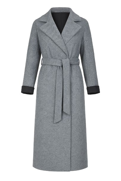 Women's Woven Grey Melange Wool Winter Coat With Shawl Collar & Elegant Belt | Large | Conquista