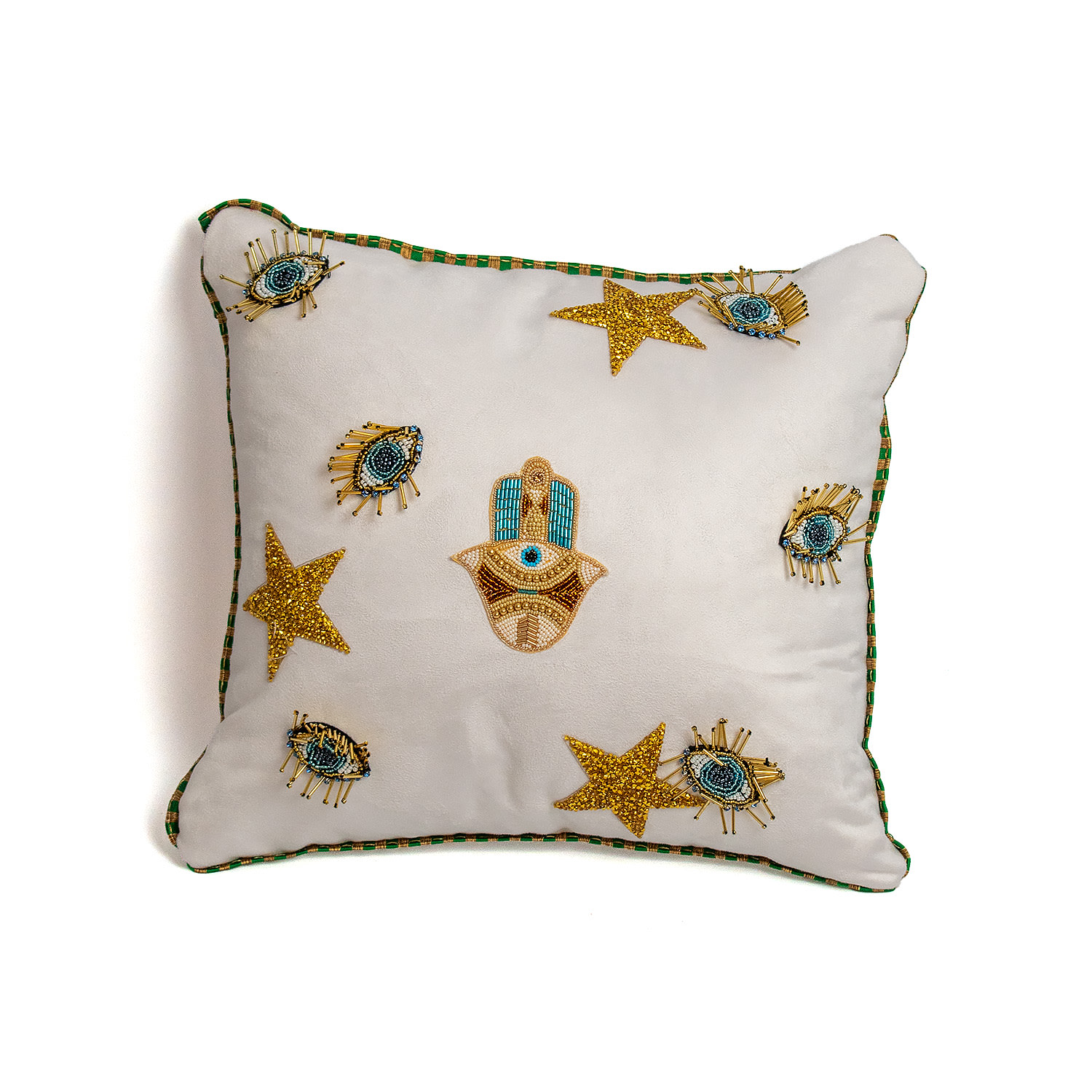 White / Gold White Suede Ramadan Decorative Cushion With Hamsa And Gold Beaded Evil Eye And Gold Stars One Size Janara Jones