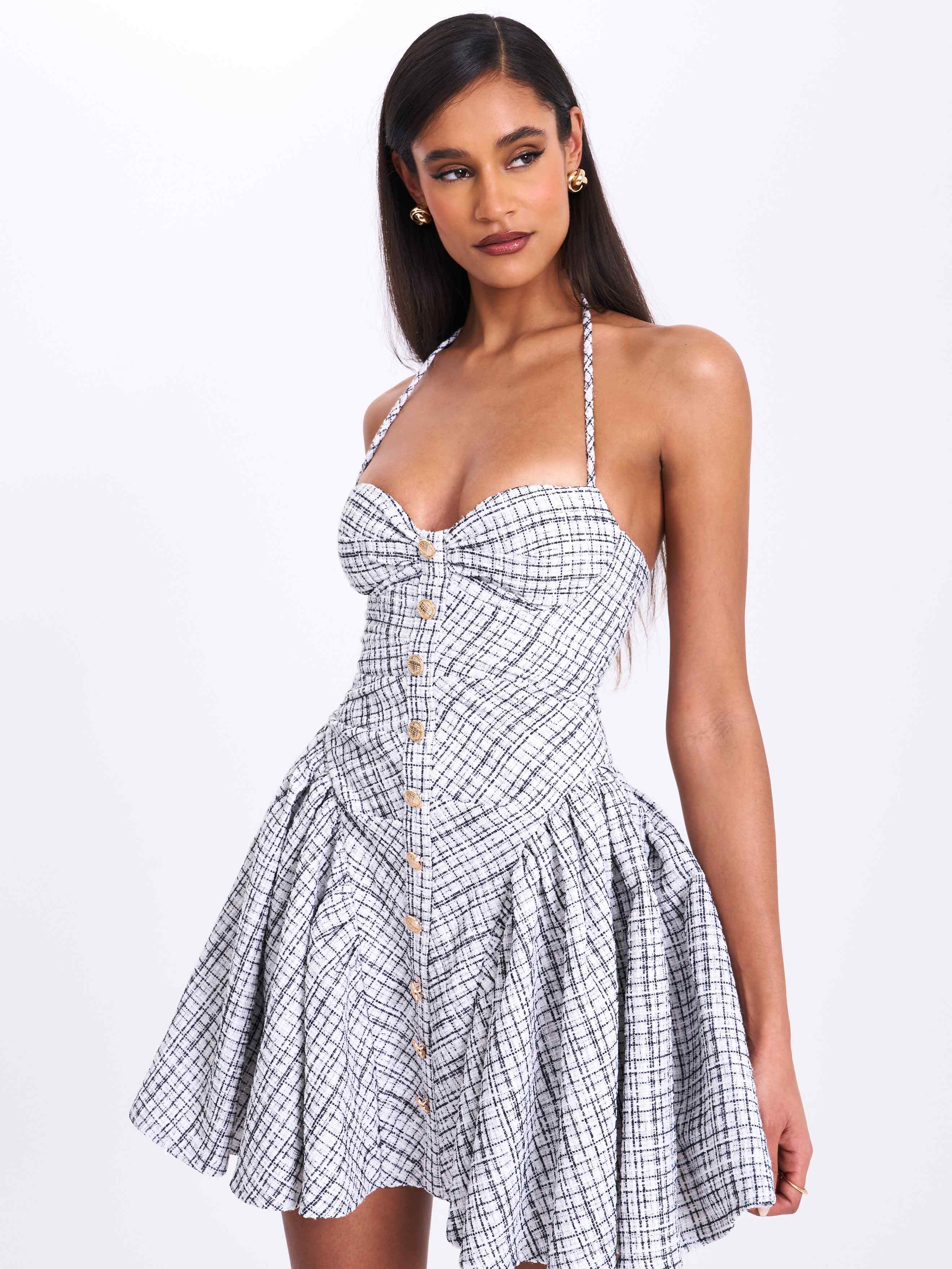 Melody Black & White Plaid Tweed Halter Drop Waist Mini Dress