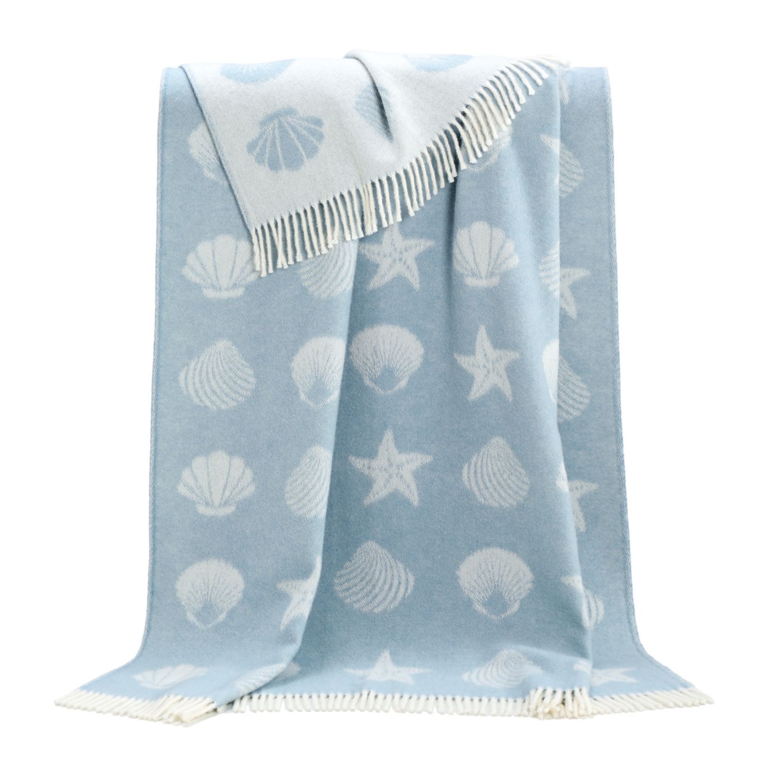 J.j.textile Blue / White Seashells Wool Throw In Blue