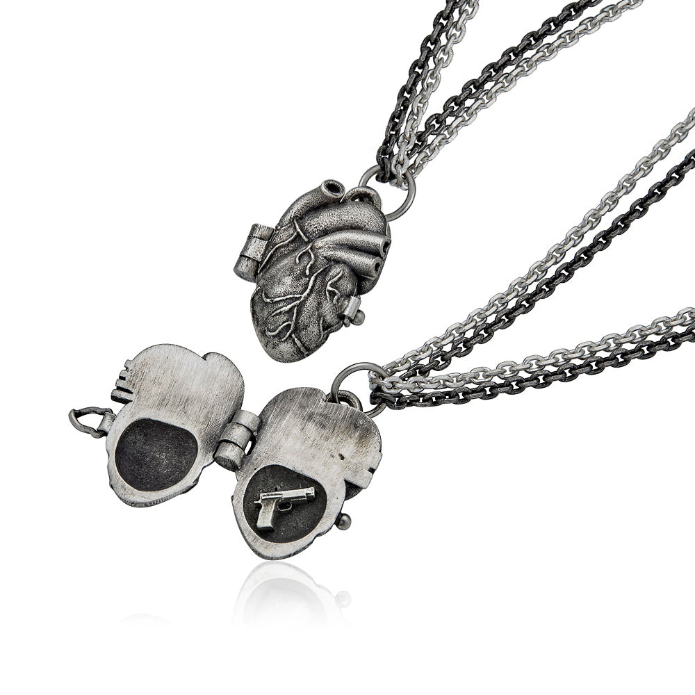 Cartography Men's Bear: Revolver In Heart - Anatomical Heart Locket Necklace In Sterling Silver