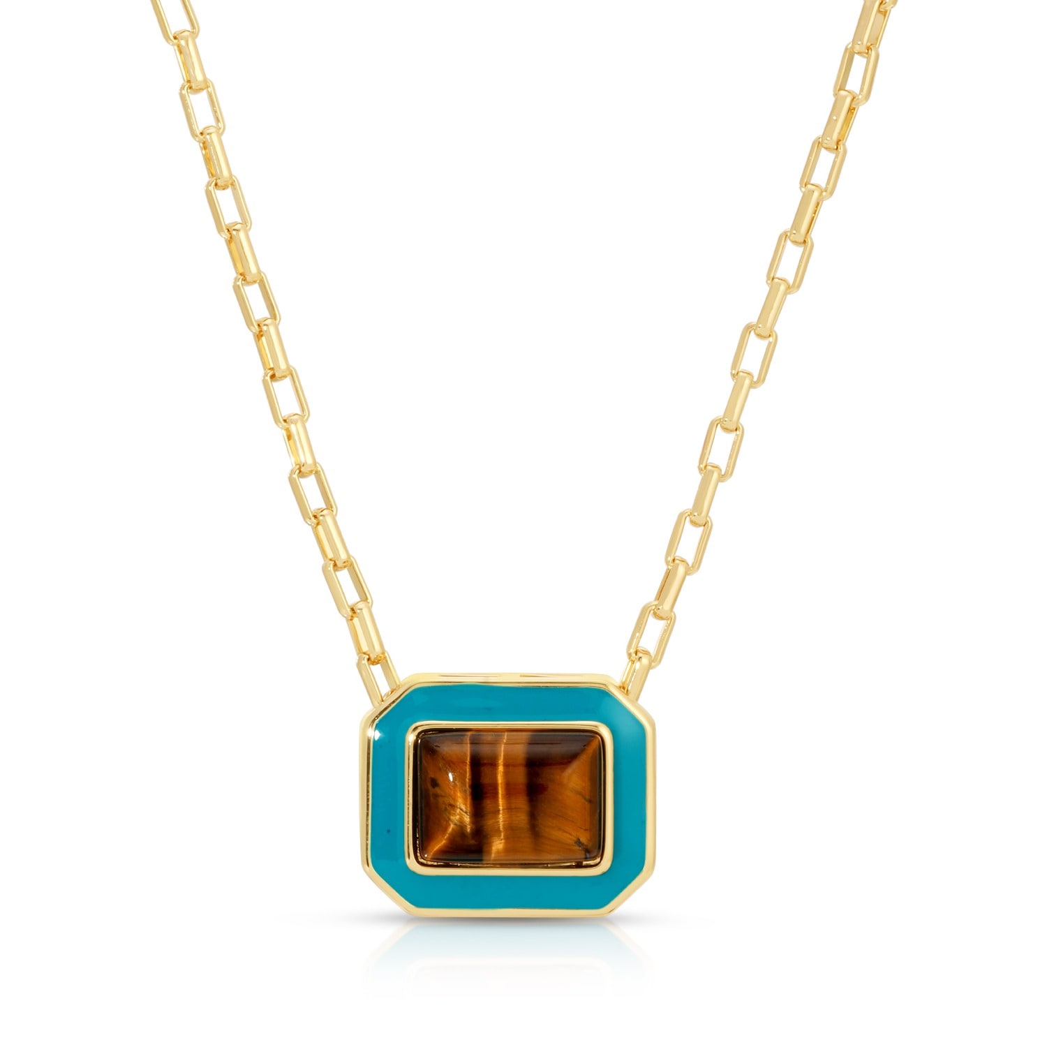 Leeada Jewelry Women's Gold / Blue Lamill Square Enamel Necklace - Tigers Eye & Turquoise