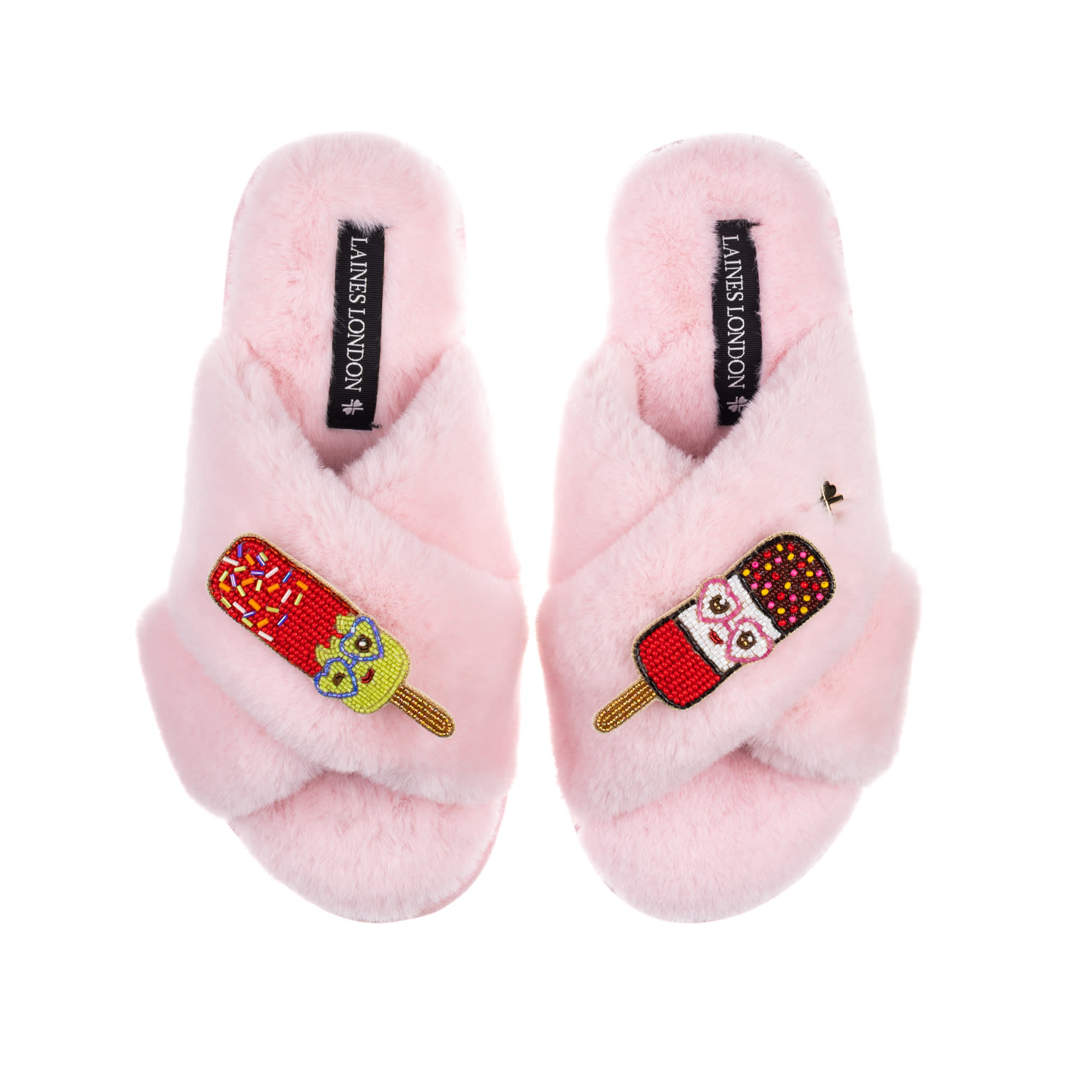 Women's Classic Laines Slippers With Cute Ice Lolly Brooches - Pink | Medium | Laines London