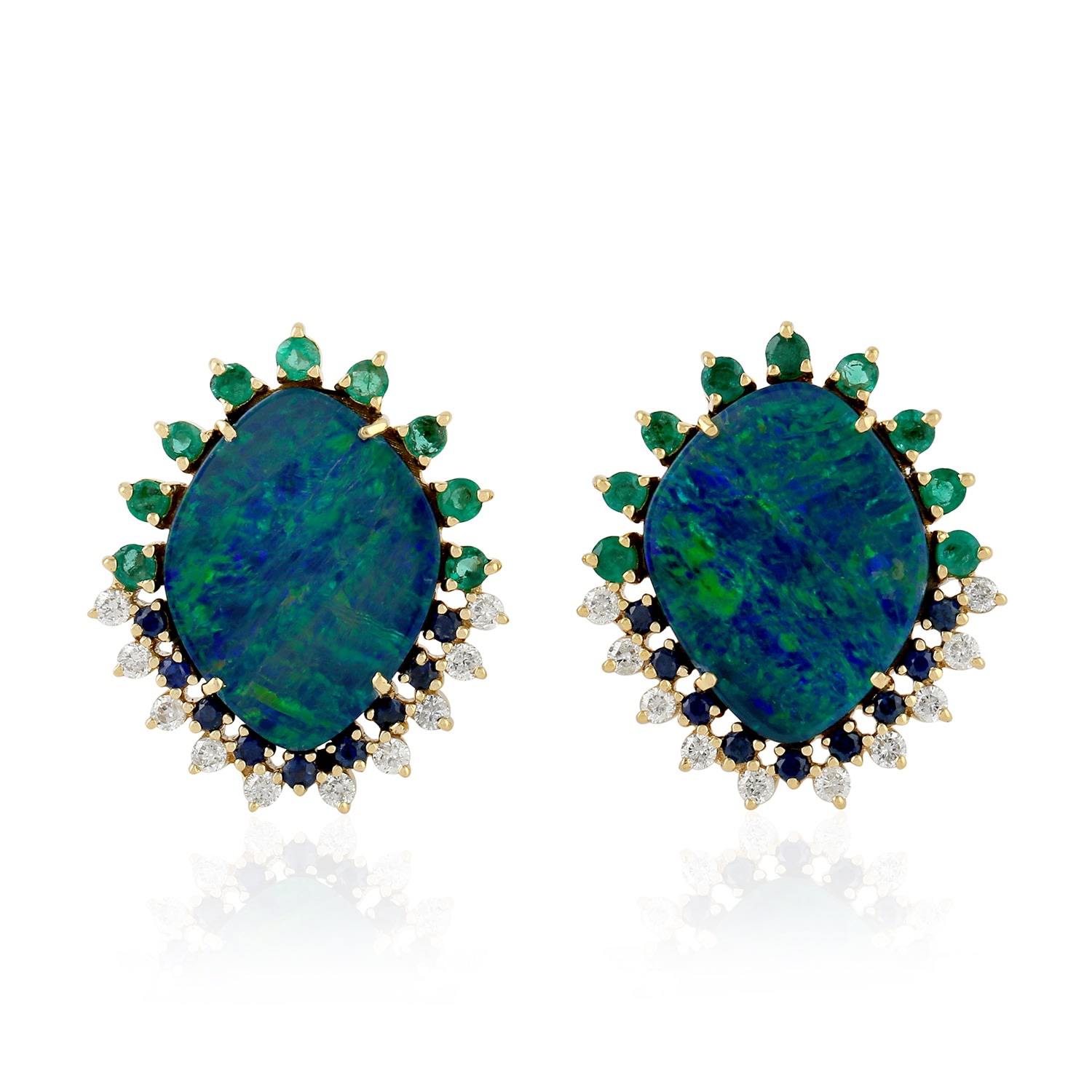 Women’s Green / Blue 18K Yellow Gold Diamond Designer Opal Doublet Emerald Sapphire Stud Earrings Handmade Jewelry Artisan