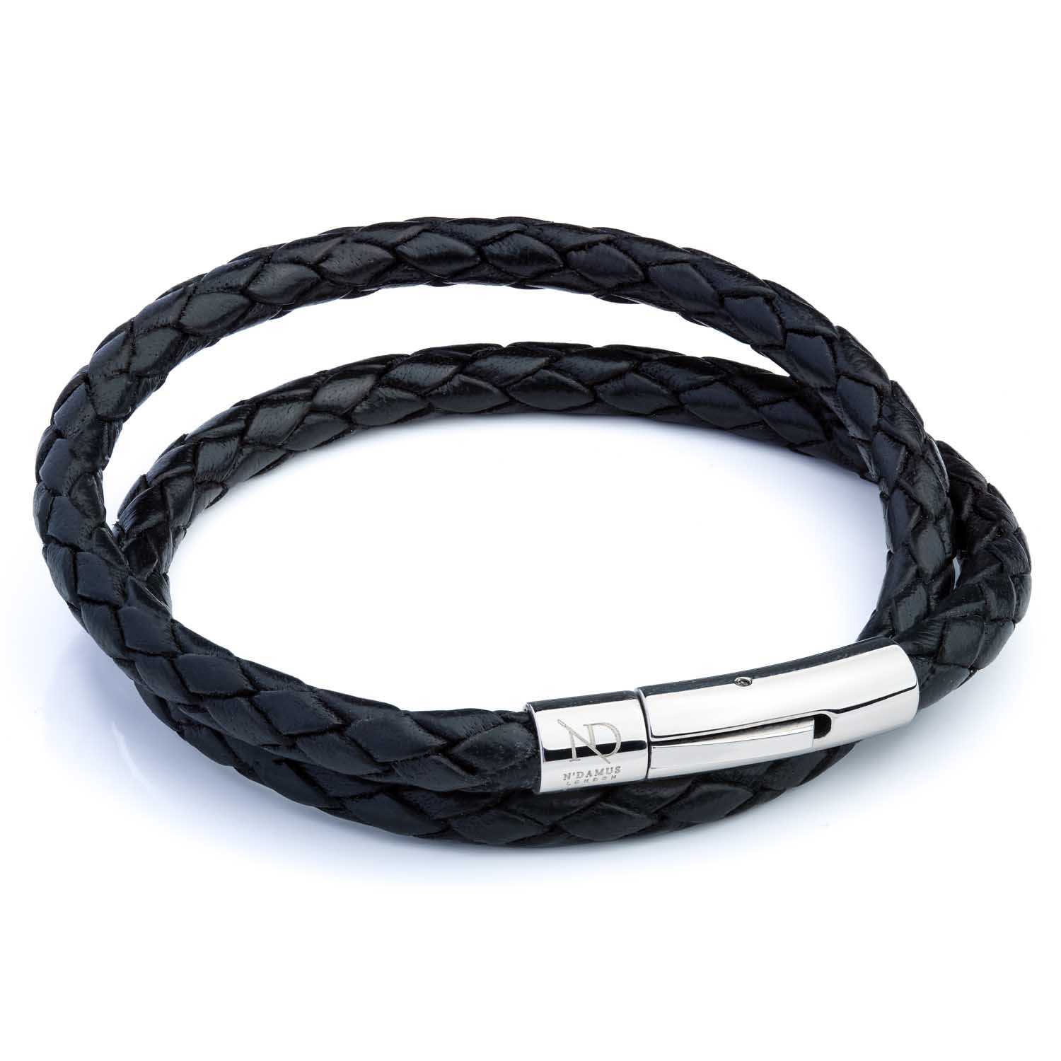 Mens Black Leather Bracelet - Silver - Large (22cm)