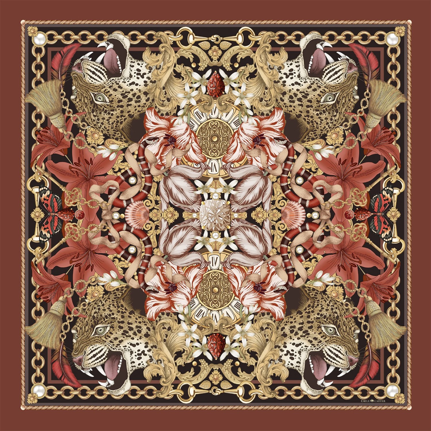 Emily Carter Women's Red / Gold The Leopard & Tulip Wool Scarf - Xl In Multi