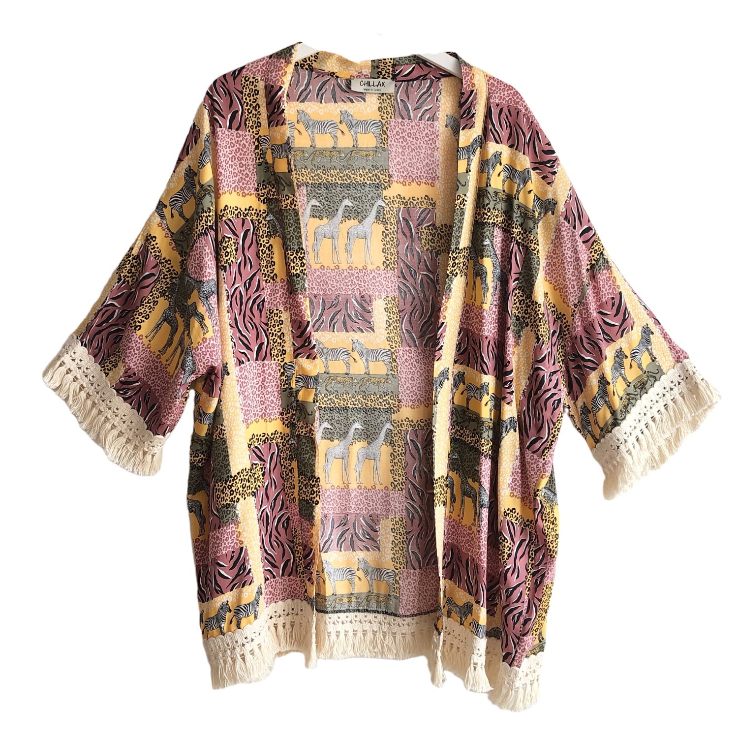 Chillax Women's Safari Zebra Fringed Kimono