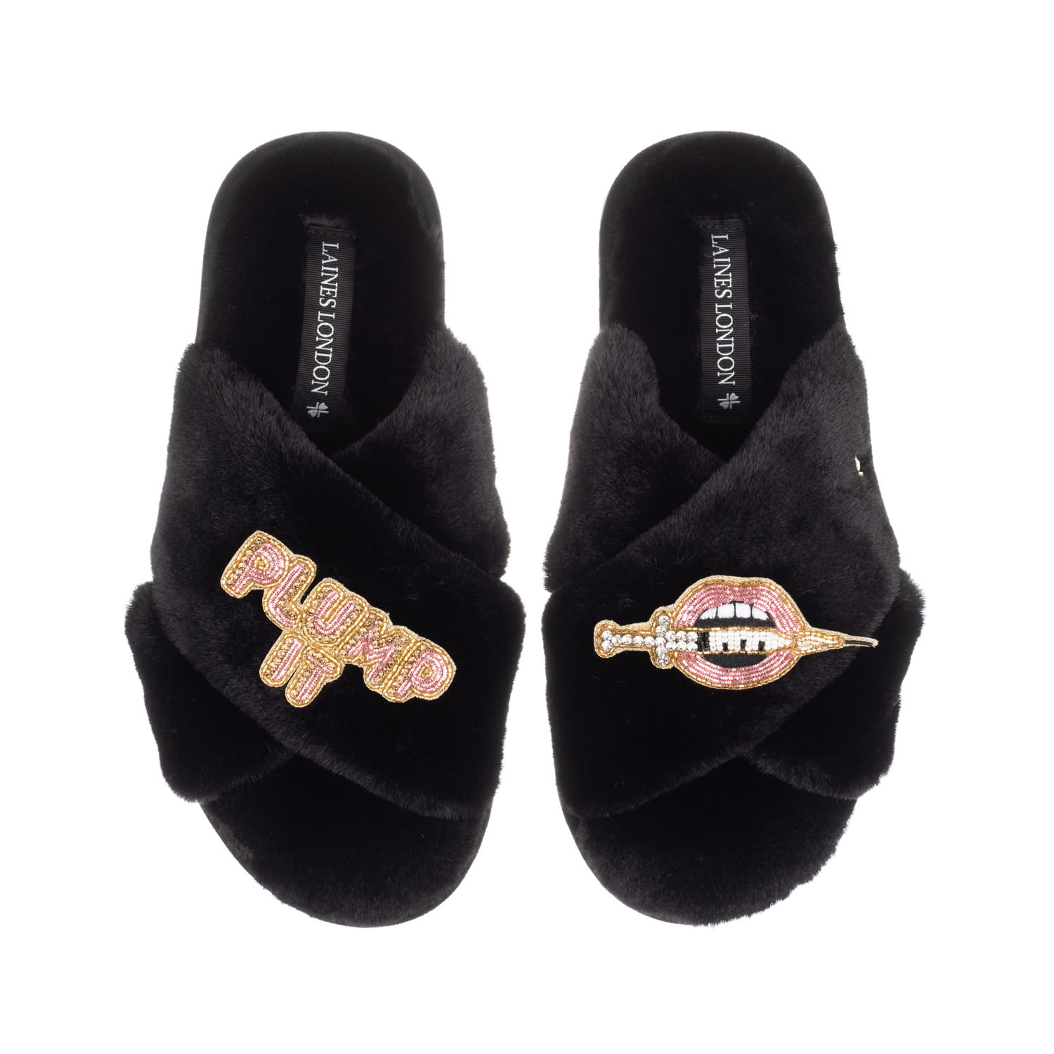Laines London Women's Classic Laines Slippers With Plump It Pout Brooches - Black In Animal Print