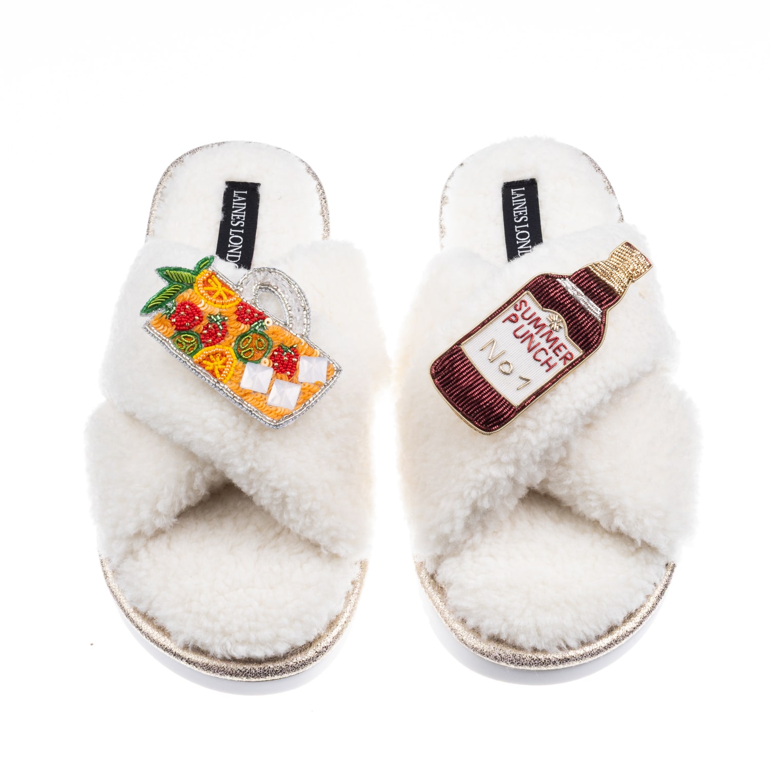 Laines London Women's Neutrals / White Laines Neutral Boucle Slippers With Summer Punch Brooches - Cream In White
