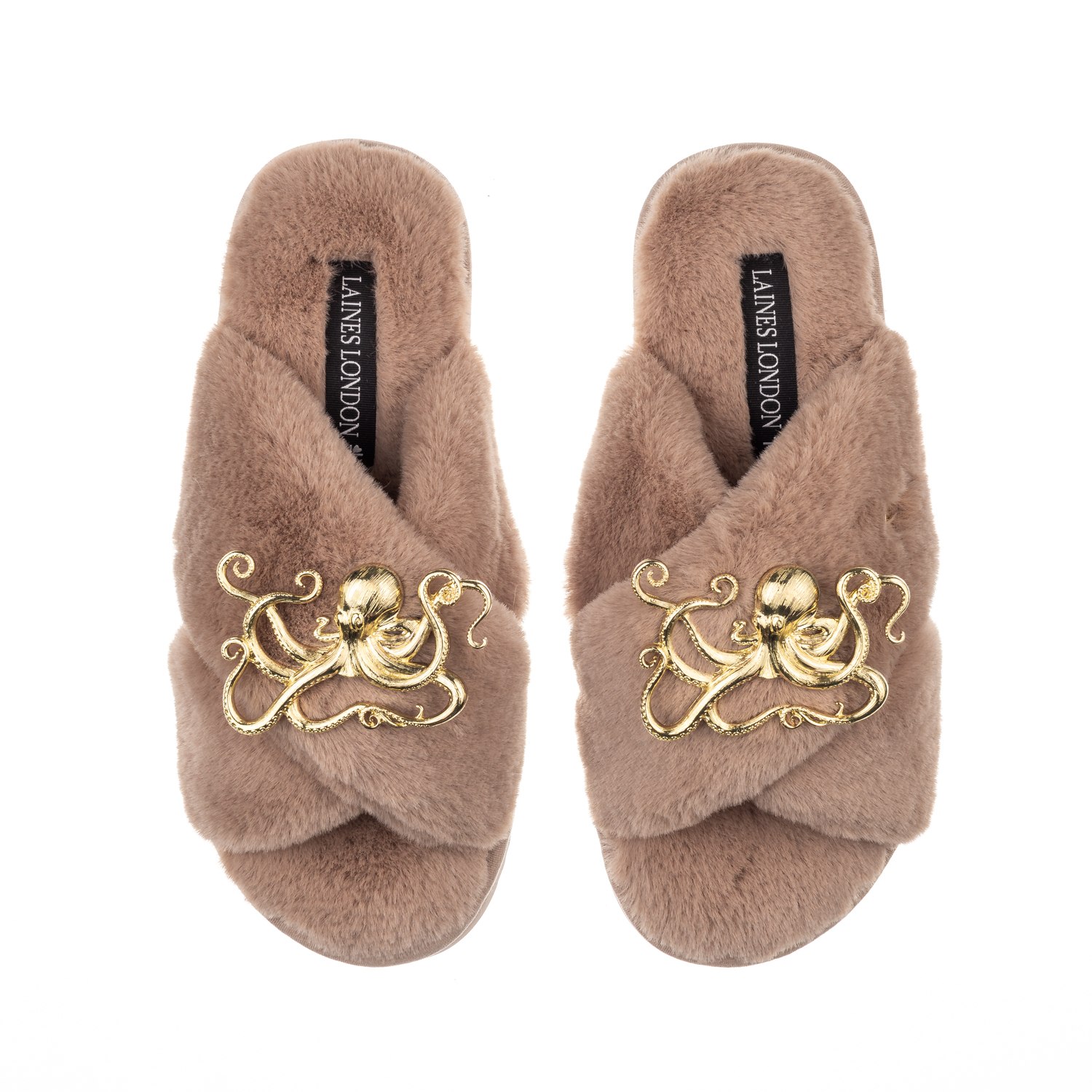 LAINES LONDON WOMEN'S BROWN CLASSIC LAINES SLIPPERS WITH GOLD METAL OCTOPUS BROOCHES - TOFFEE