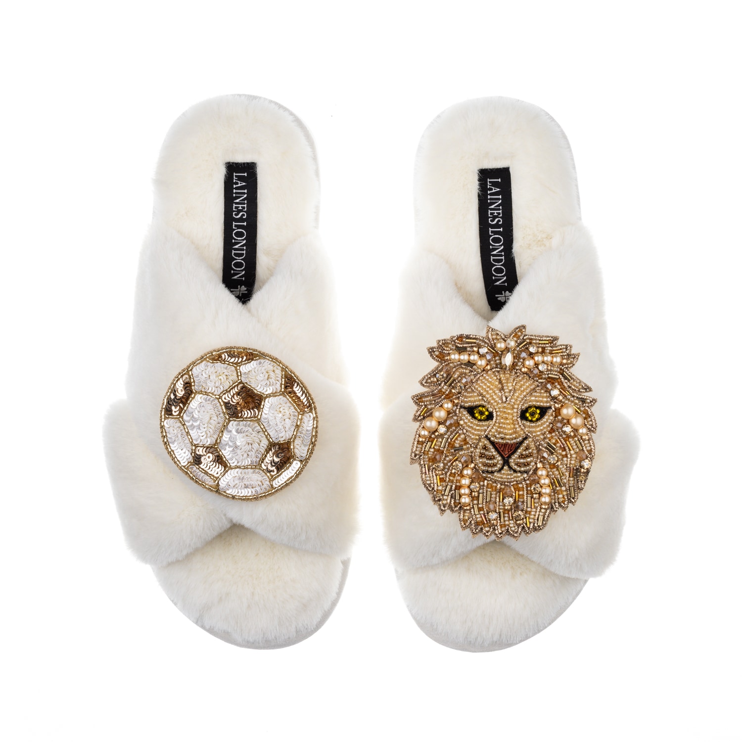 Laines London Women's White Classic Laines Slippers With Football & Lion Brooches - Cream