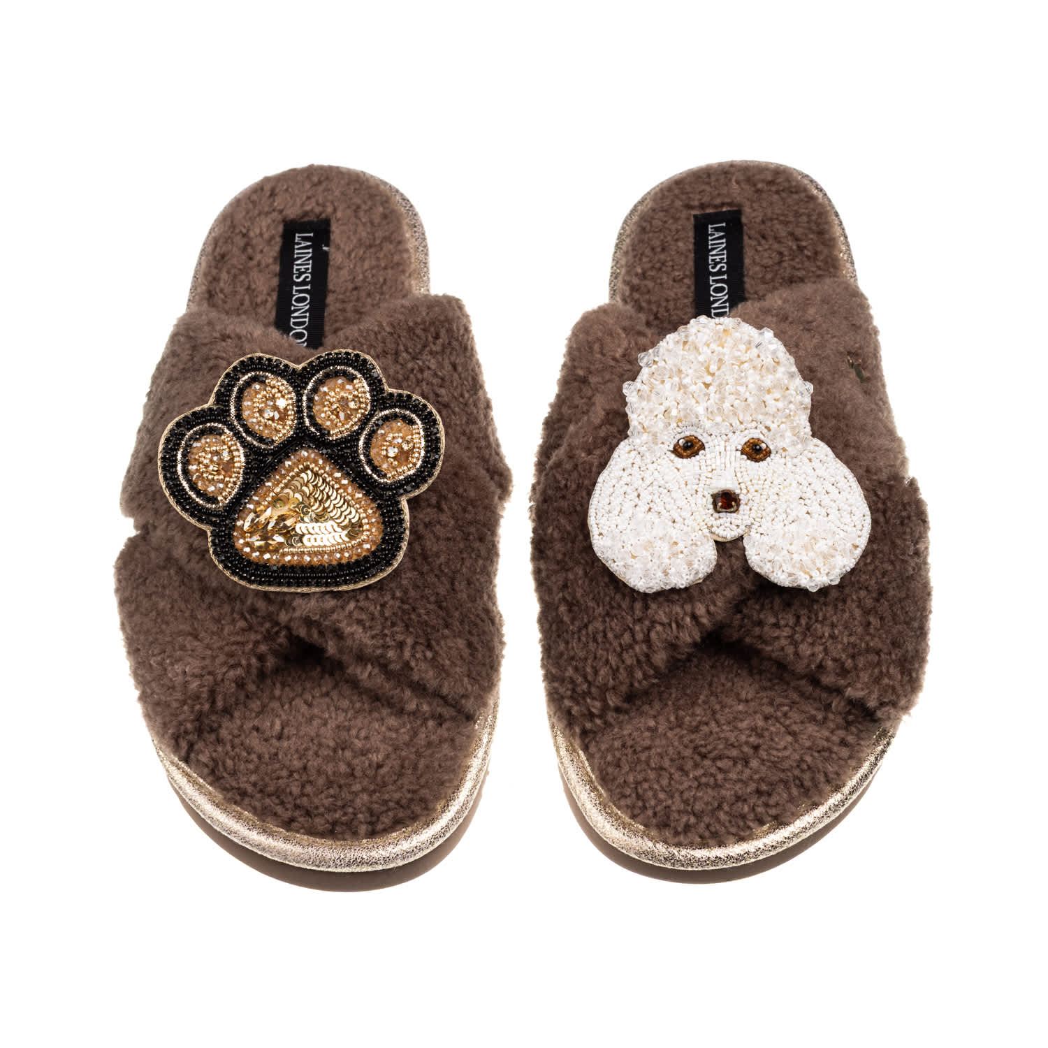 Laines London Women's Brown / Neutrals Laines Neutral Boucle Slippers With Pearl The Poodle & Paw Brooches - Mink